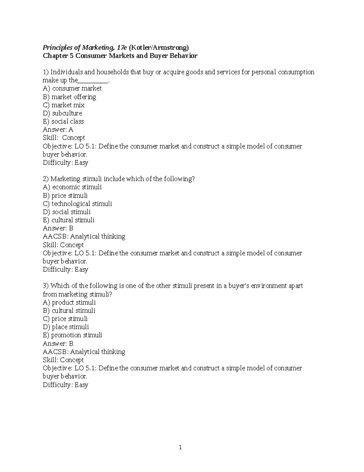 Chapter 5 - Test Bank - 1 Principles Of Marketing, 17e (Kotler ...