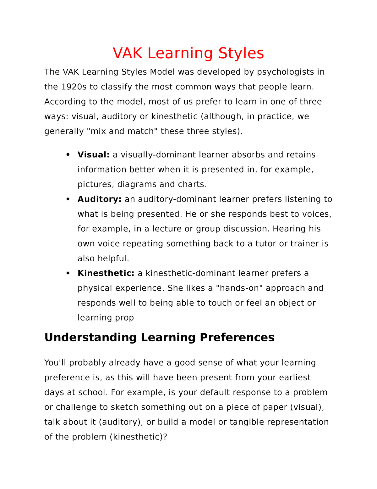 vak learning styles essay