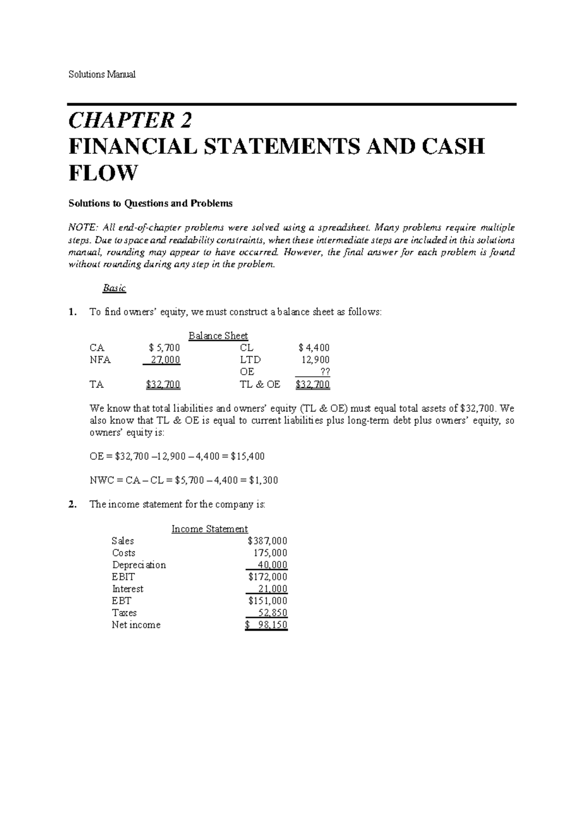 Chap 2-3 - doc - CHAPTER 2 FINANCIAL STATEMENTS AND CASH FLOW Solutions ...