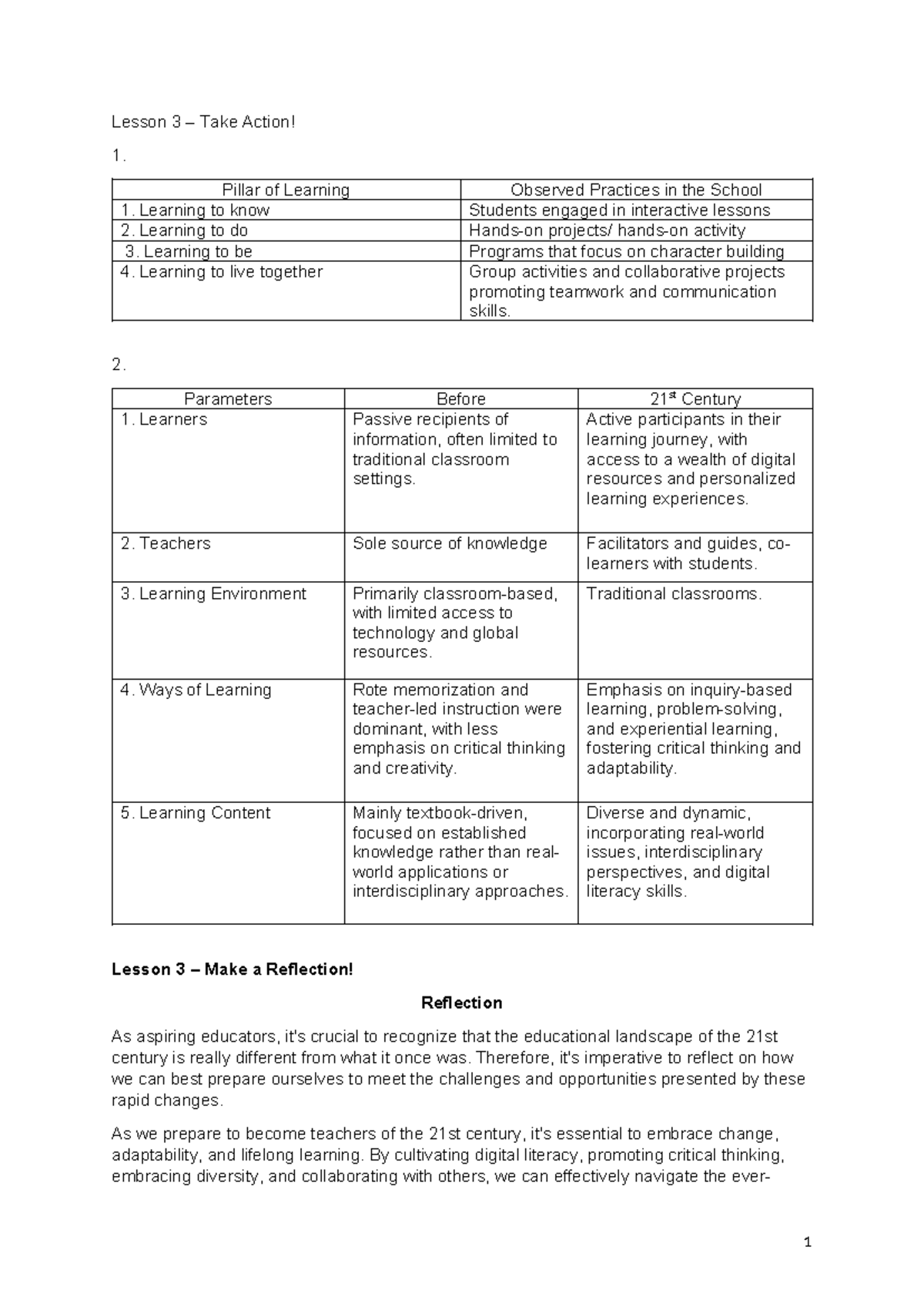 Final Activity in PED (IBNO) - Lesson 3 – Take Action! 1. Pillar of ...