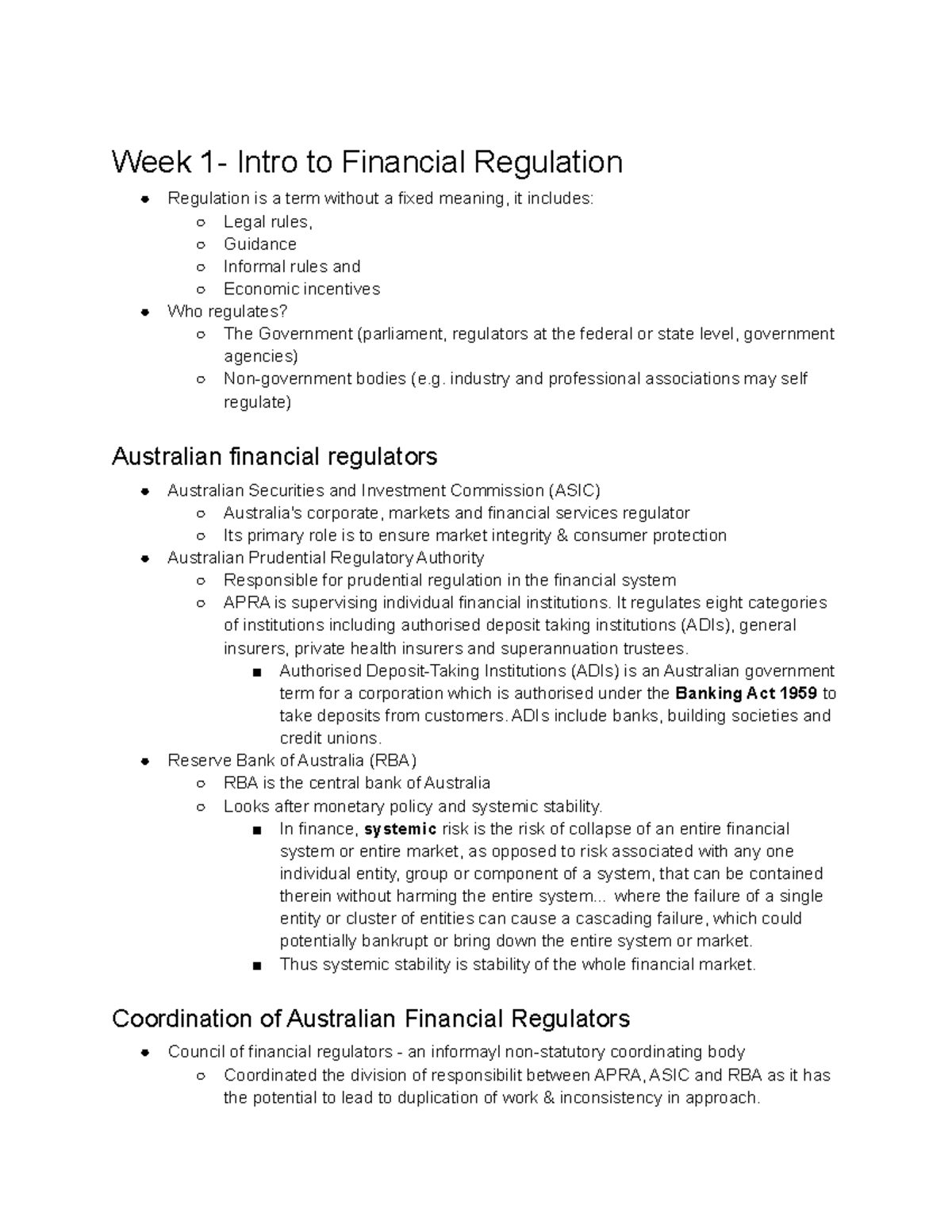 Financial Services Notes - Week Intro To Financial Regulation ...