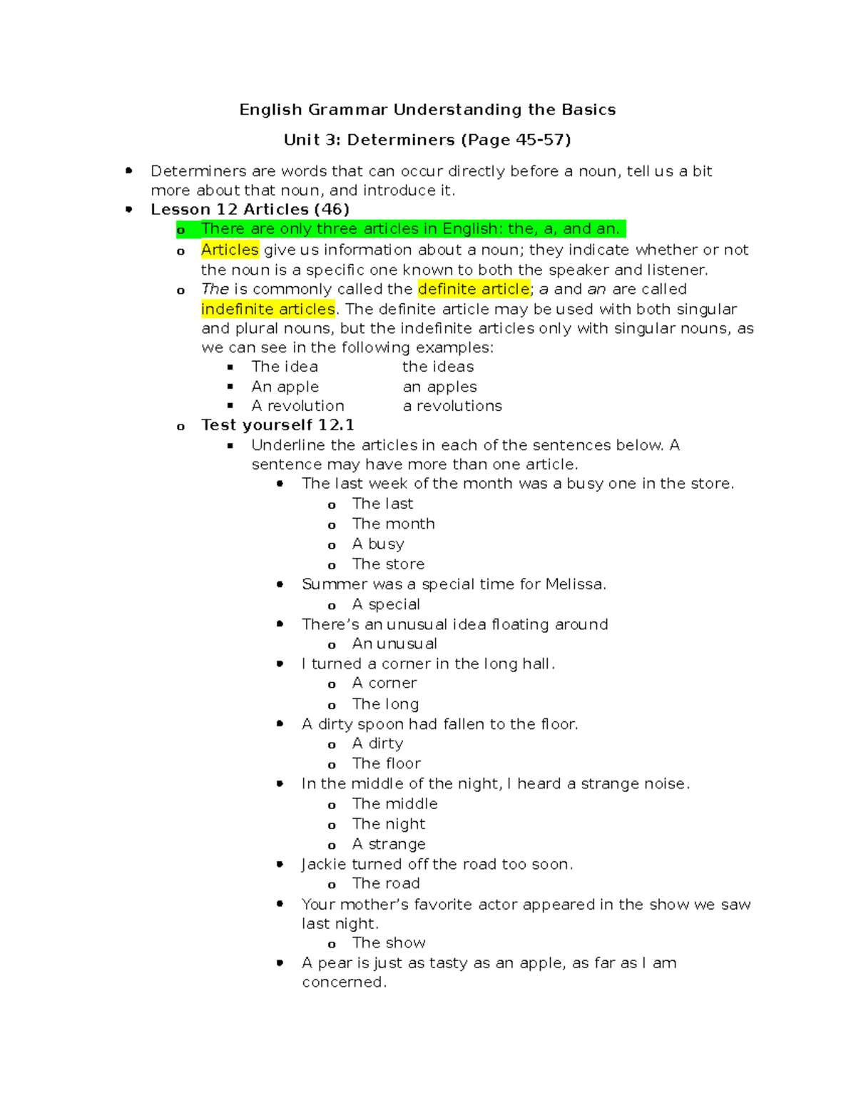 Unit 3 Determiners Notes - ENGL 4312 - Lamar University - Studocu