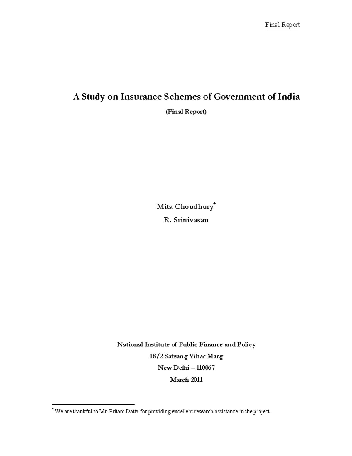 Insurance Report Final A Study On Insurance Schemes Of Government Of