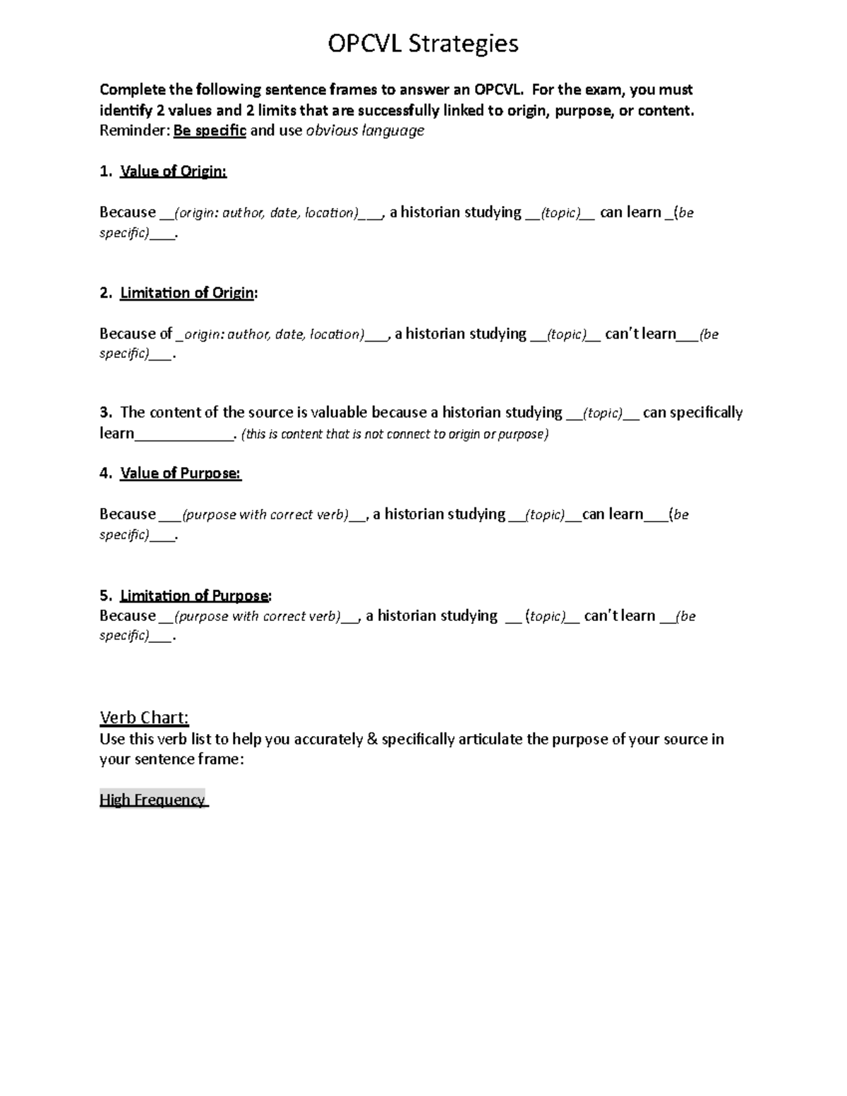 Opcvl sentence frames - OPCVL Strategies Complete the following ...