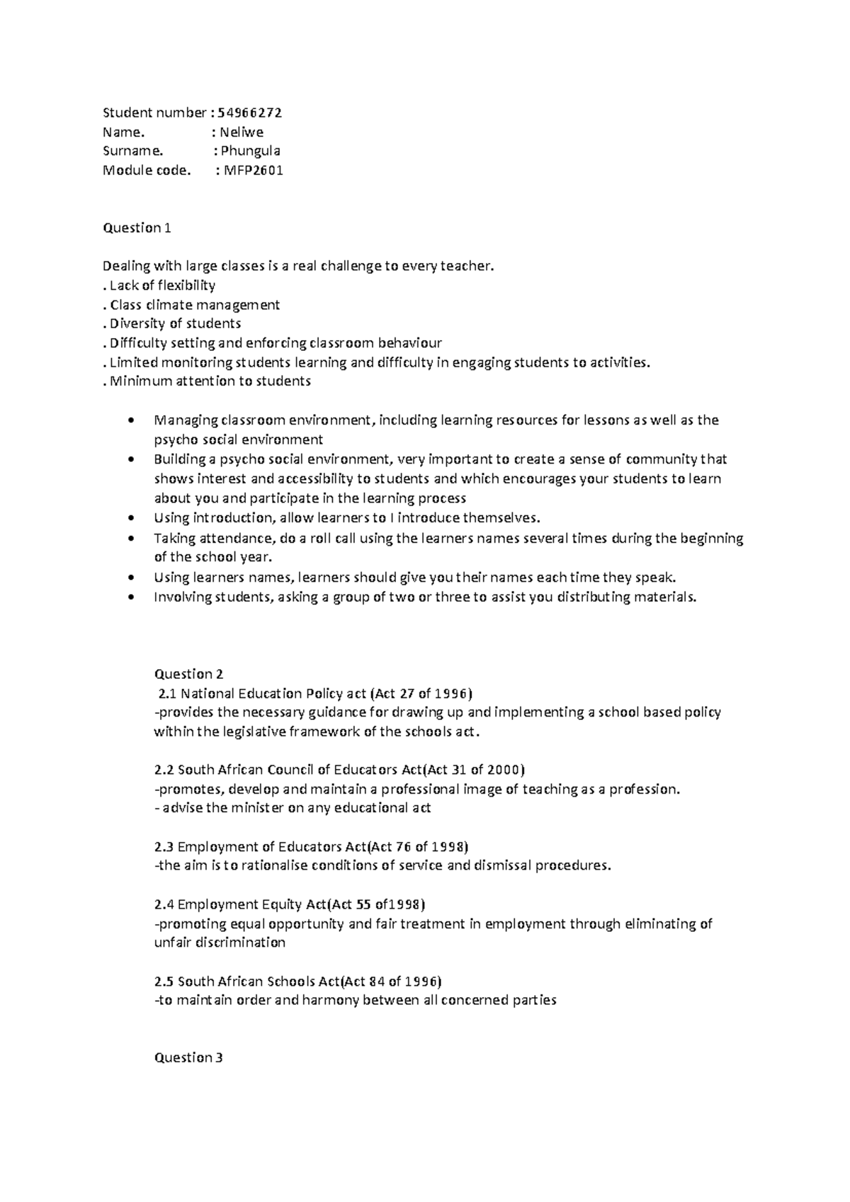 MFP2601 54966272 - Summary Management In Foundation Phase - Student ...