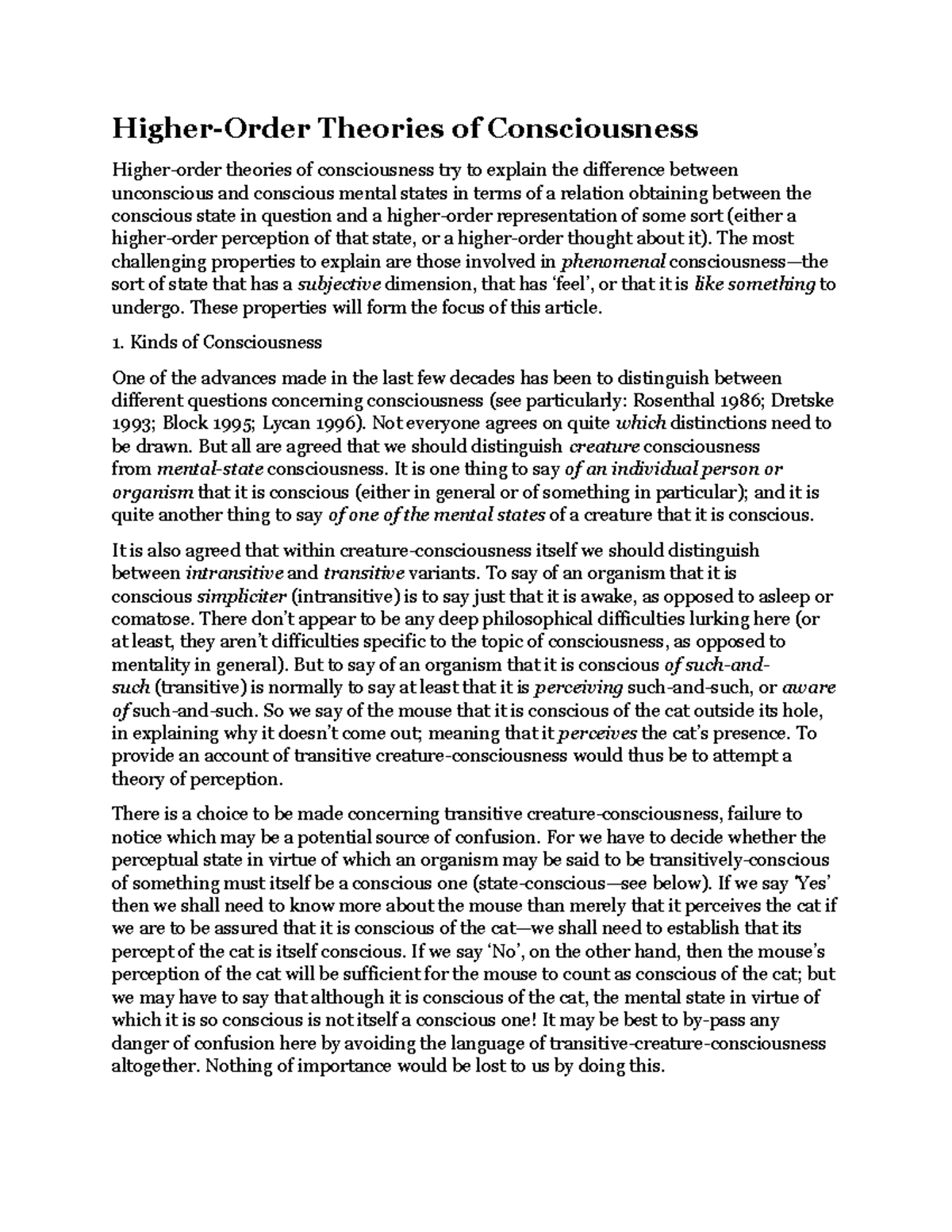 Lecture in HigherOrder Theories of Consciousness HigherOrder