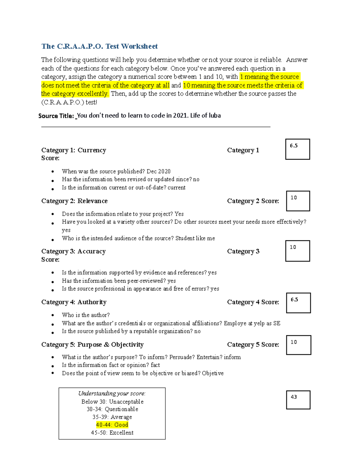 Craapotest source 2 - homework solve - The C.R.A.A. Test Worksheet The ...