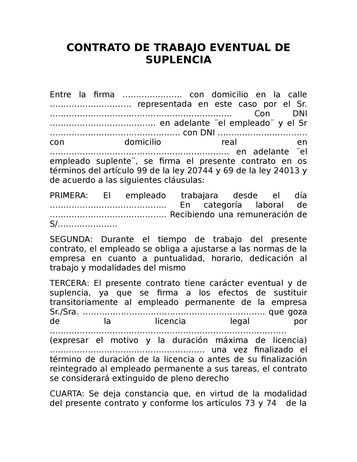 Contrato DE Trabajo Eventual DE Suplencia - CONTRATO DE TRABAJO ...