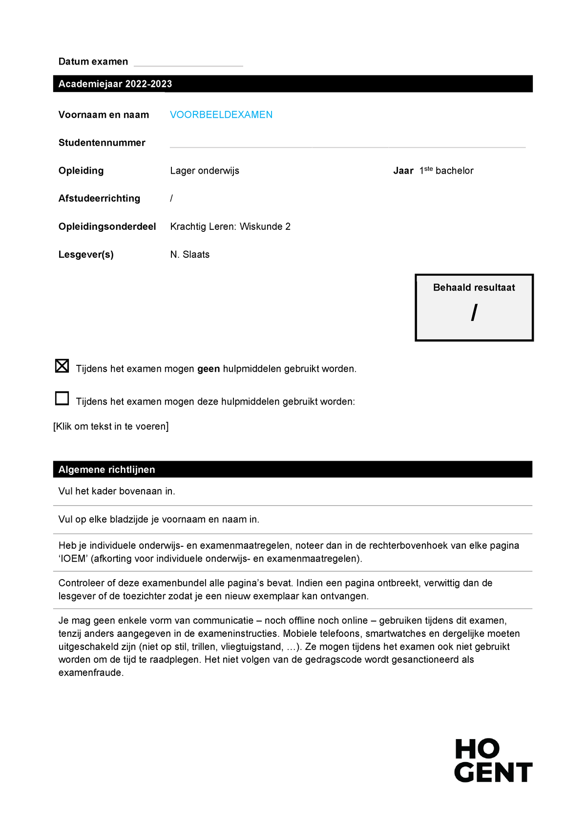 Voorbeeldexamen-5 - Datum Examen ____________________ Academiejaar 2022 ...