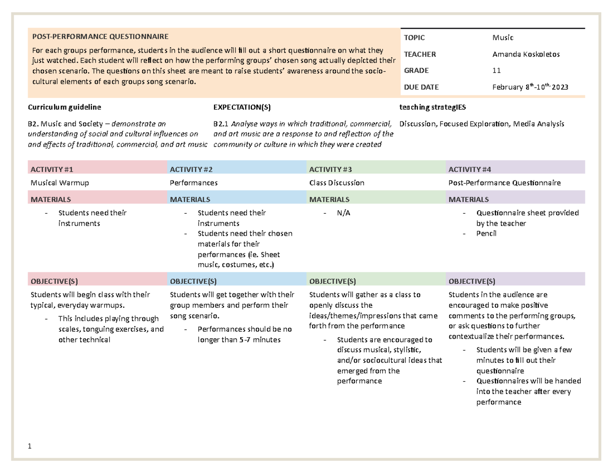 Mini Lesson 3 - POST-PERFORMANCE QUESTIONNAIRE For each groups ...