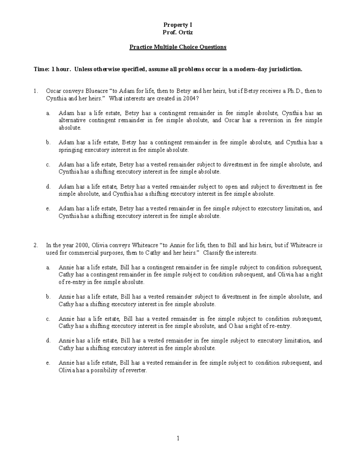 Practice multiple choice - Property I Prof. Ortiz Practice Multiple ...
