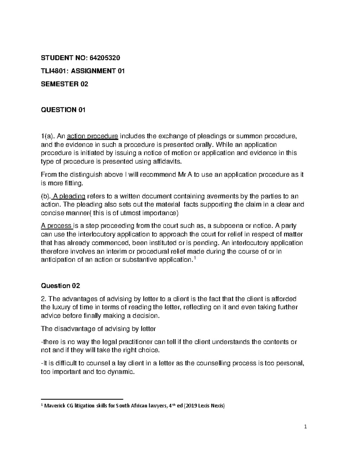 Litigation ass 1 - Assignment - STUDENT NO: 64205320 TLI4801 ...