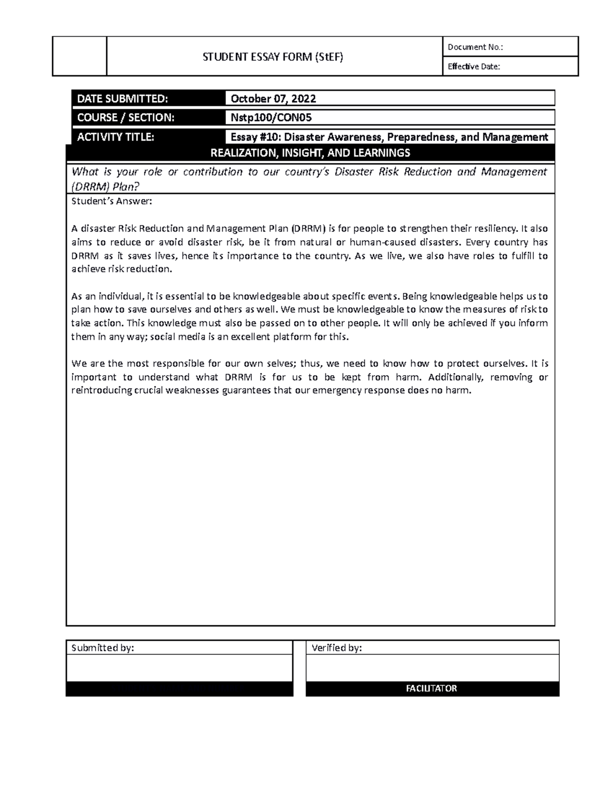 Form - NSTP1 00 Essay #10 - STUDENT ESSAY FORM (StEF) Document No ...
