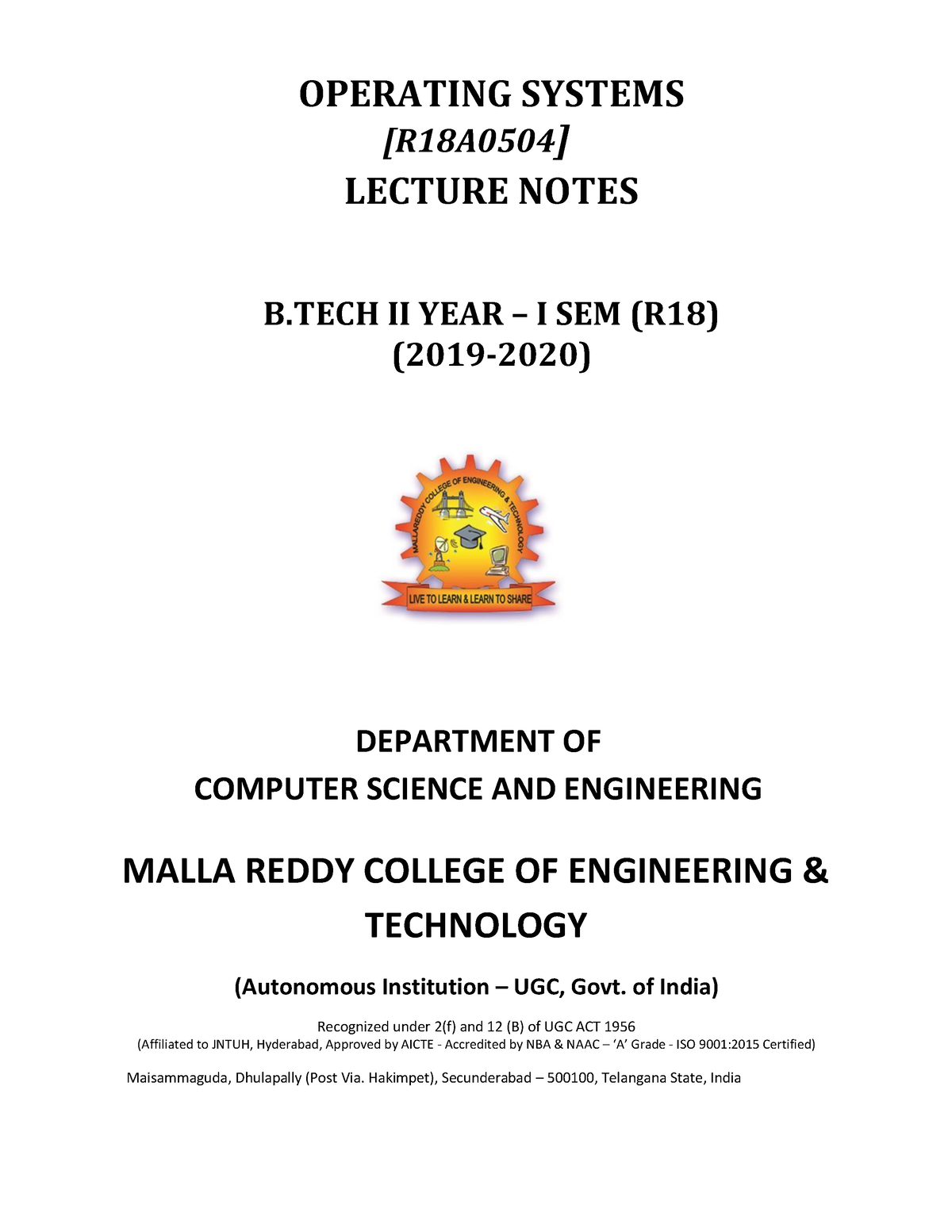 Operating Systems Notes - OPERATING SYSTEMS [R18A0504] LECTURE NOTES B ...