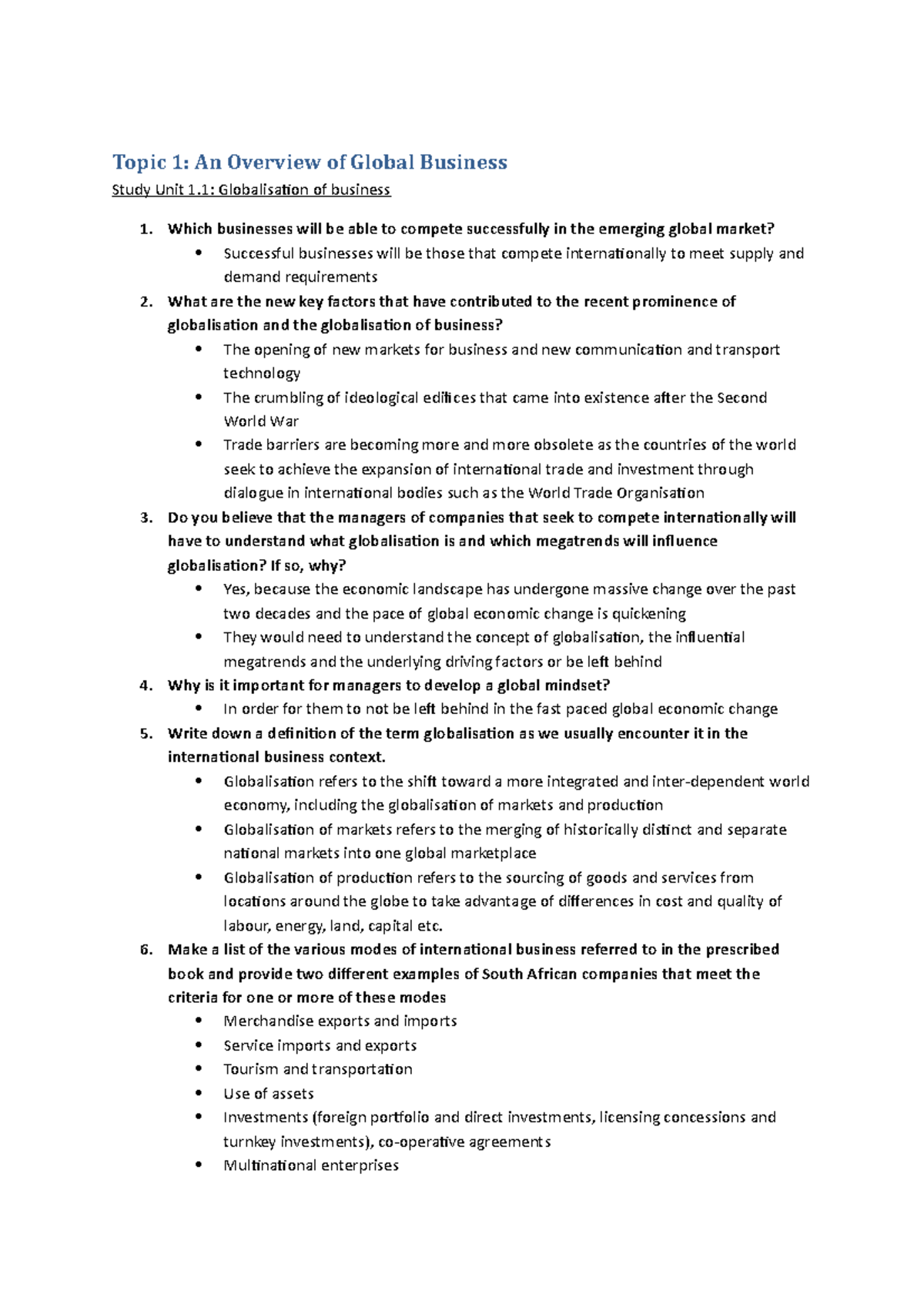 MNI3701- summary - Topic 1: An Overview of Global Business Study Unit 1 ...