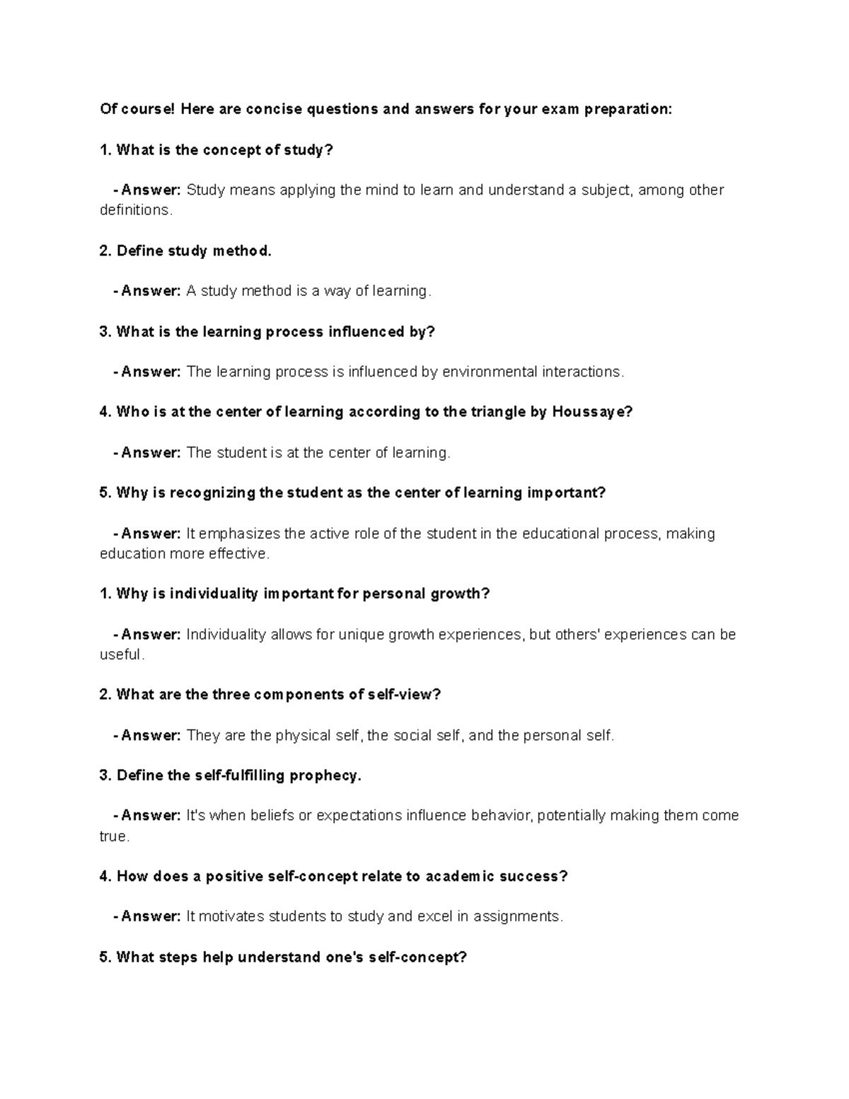 Study skills personal revision - Of course! Here are concise questions ...