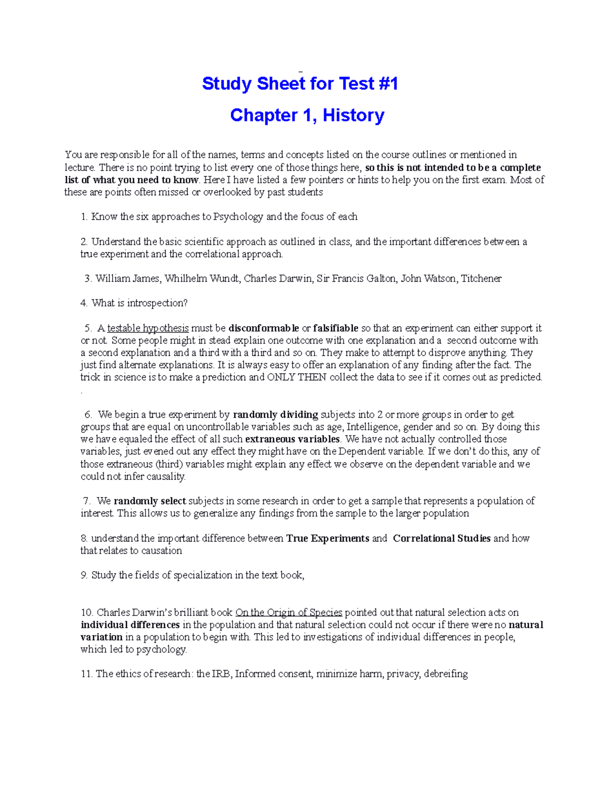 Test 1 Study Sheet - Study Sheet for Test Chapter 1, History You are ...