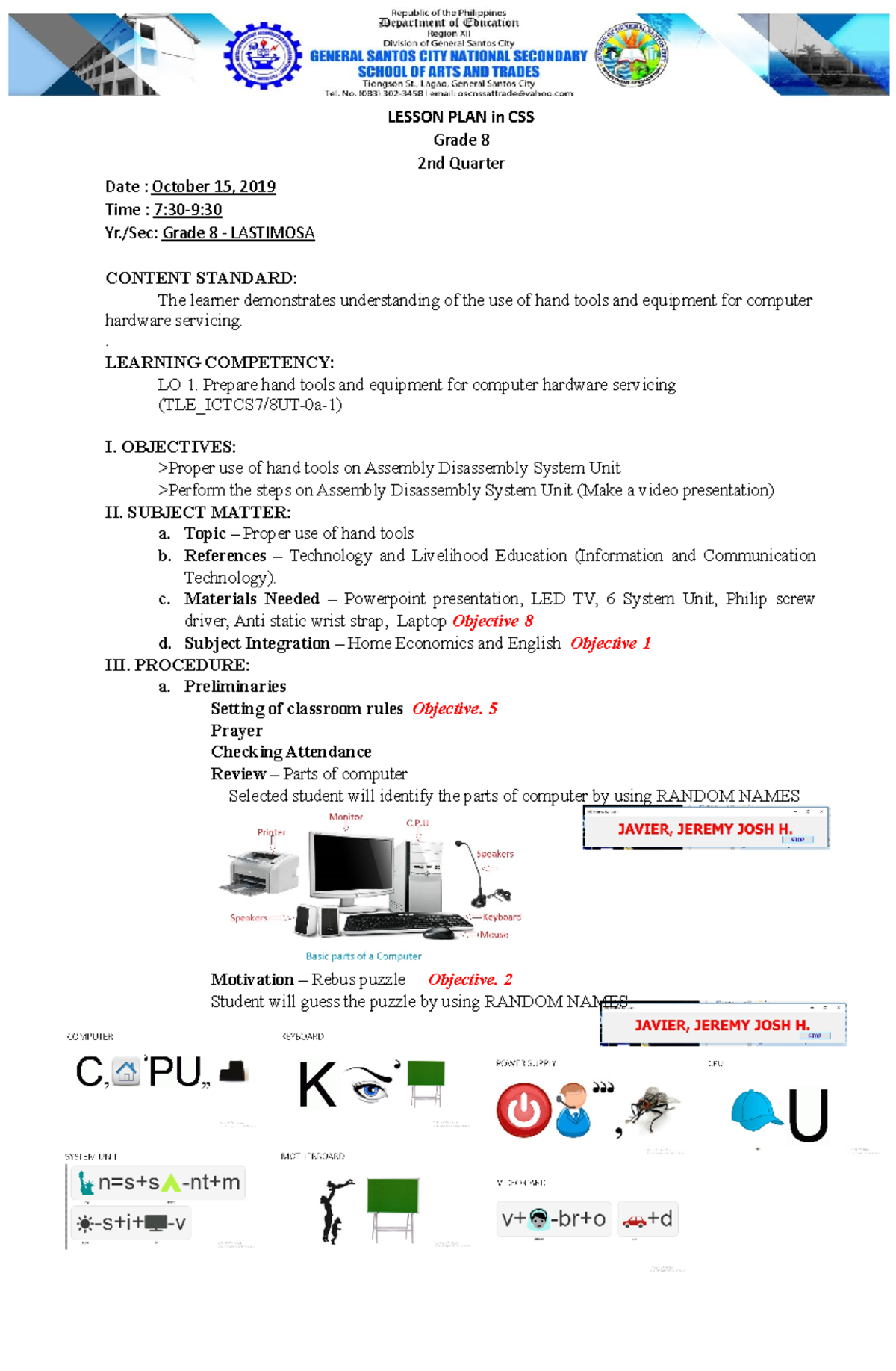 DEMO Lesson PLAN in ICF - reference - LESSON PLAN in CSS Grade 8 2nd ...