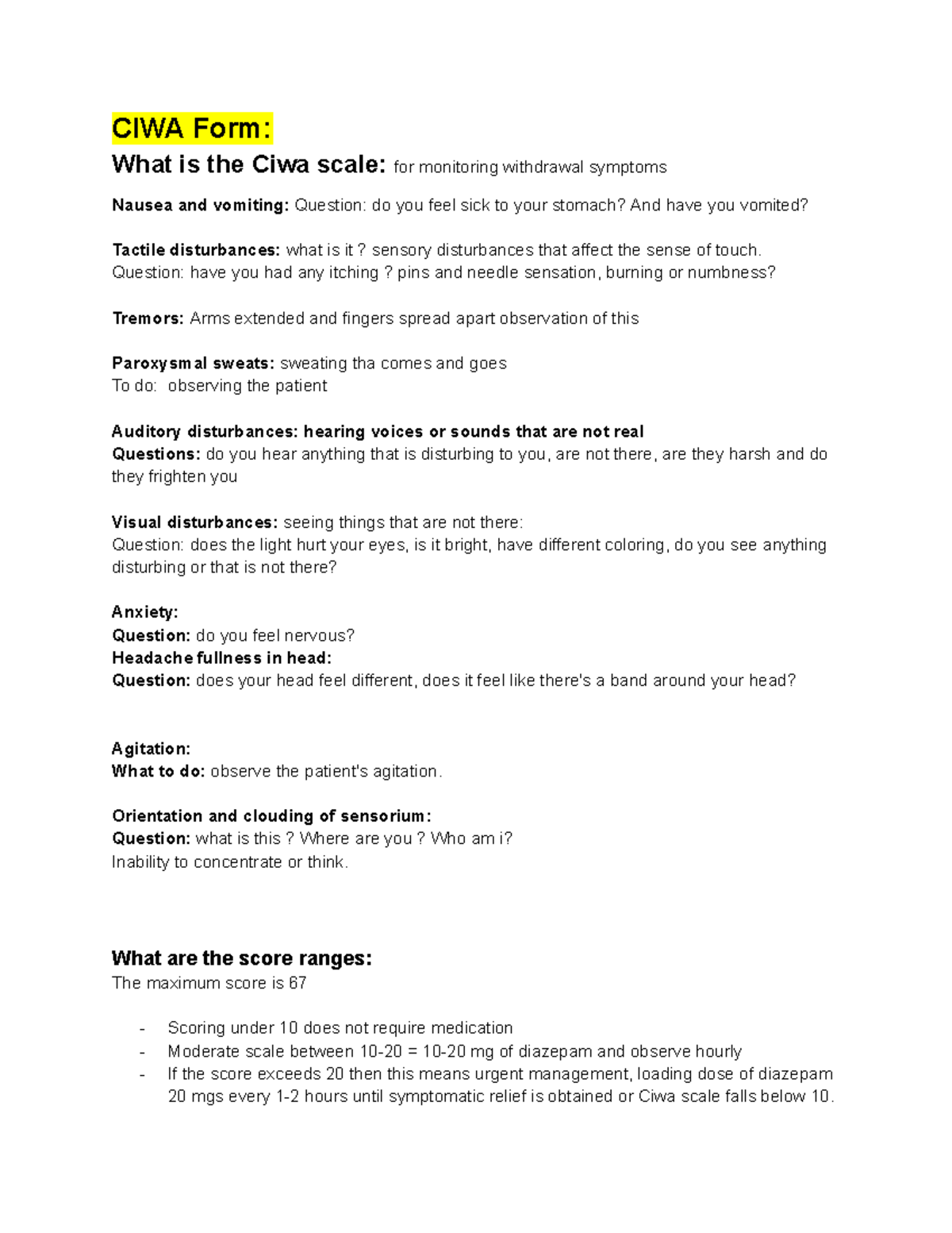 6002 week 35 CIWA from - CIWA Form: What is the Ciwa scale: for ...