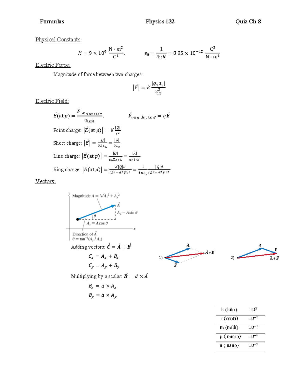 Quiz Ch 8 Formula Sheet - Formulas Physics 132 Quiz Ch 8 Physical ...