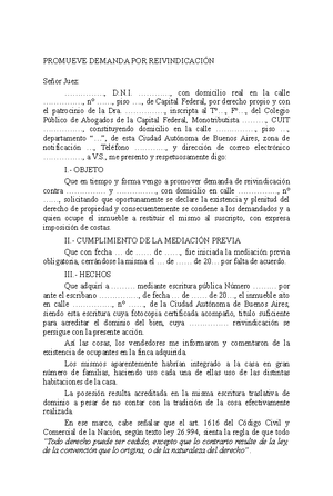 Reivindicacion-Modelos Civil Patrimonial - PROMUEVE DEMANDA POR  REIVINDICACIÓN Señor Juez: - Studocu