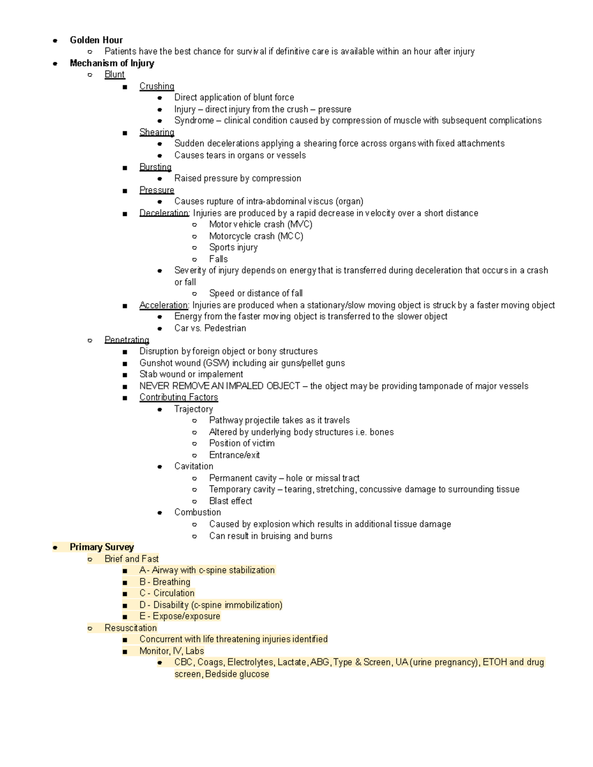 Exam 3 Trauma Burns Notes - Golden Hour Patients have the best chance ...