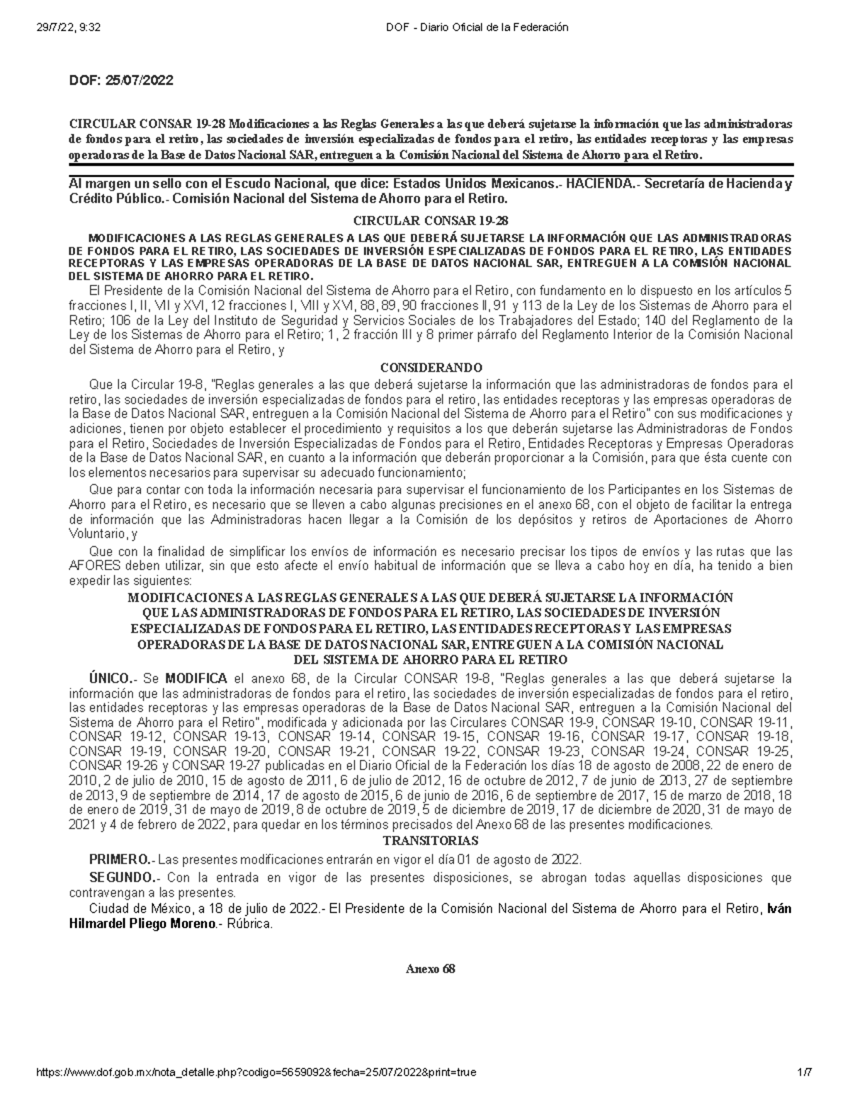 DOF - Diario Oficial de la Federación - DOF: 25/07/ CIRCULAR CONSAR 19 