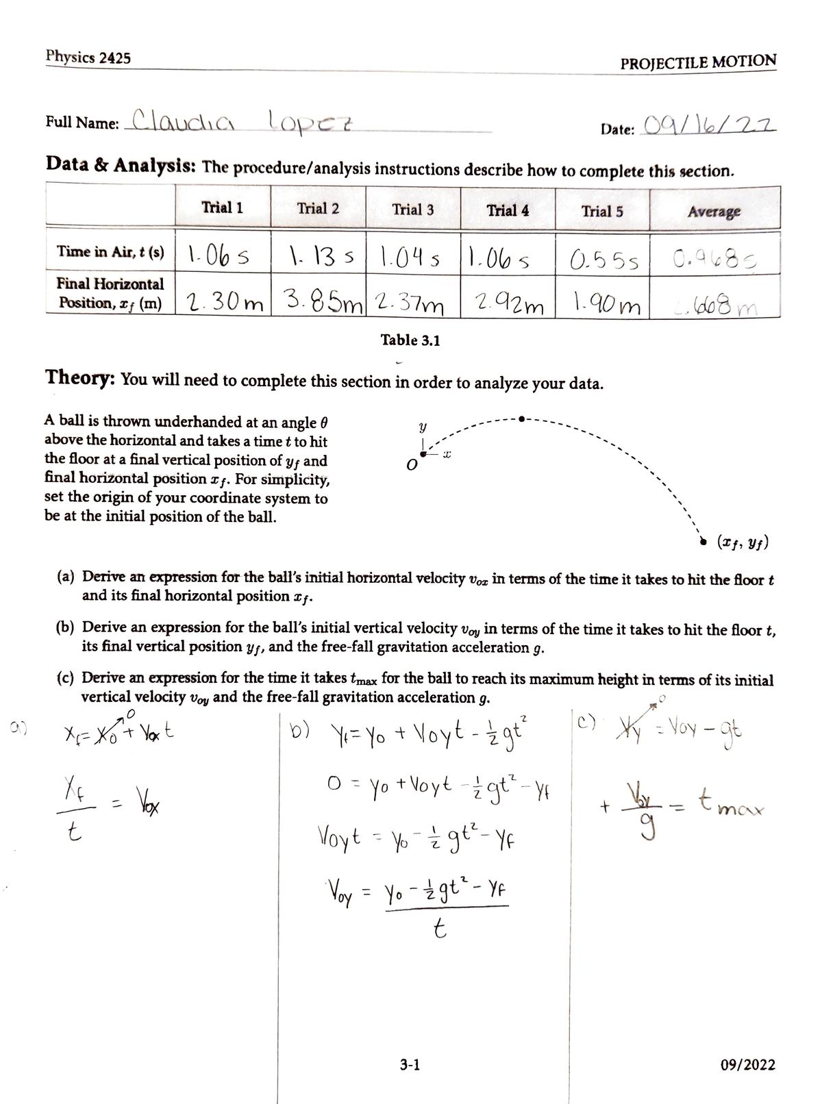 Lab 3 Projectile Motion Lab Lab 3 Physics 2425 Projectile Motion Full Nameclaudia Lopez 7857