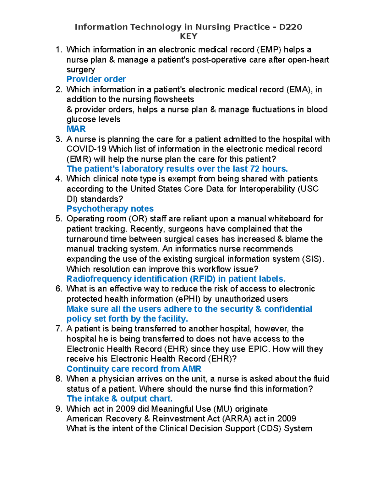Information Technology in Nursing Practice D220 KEY Which