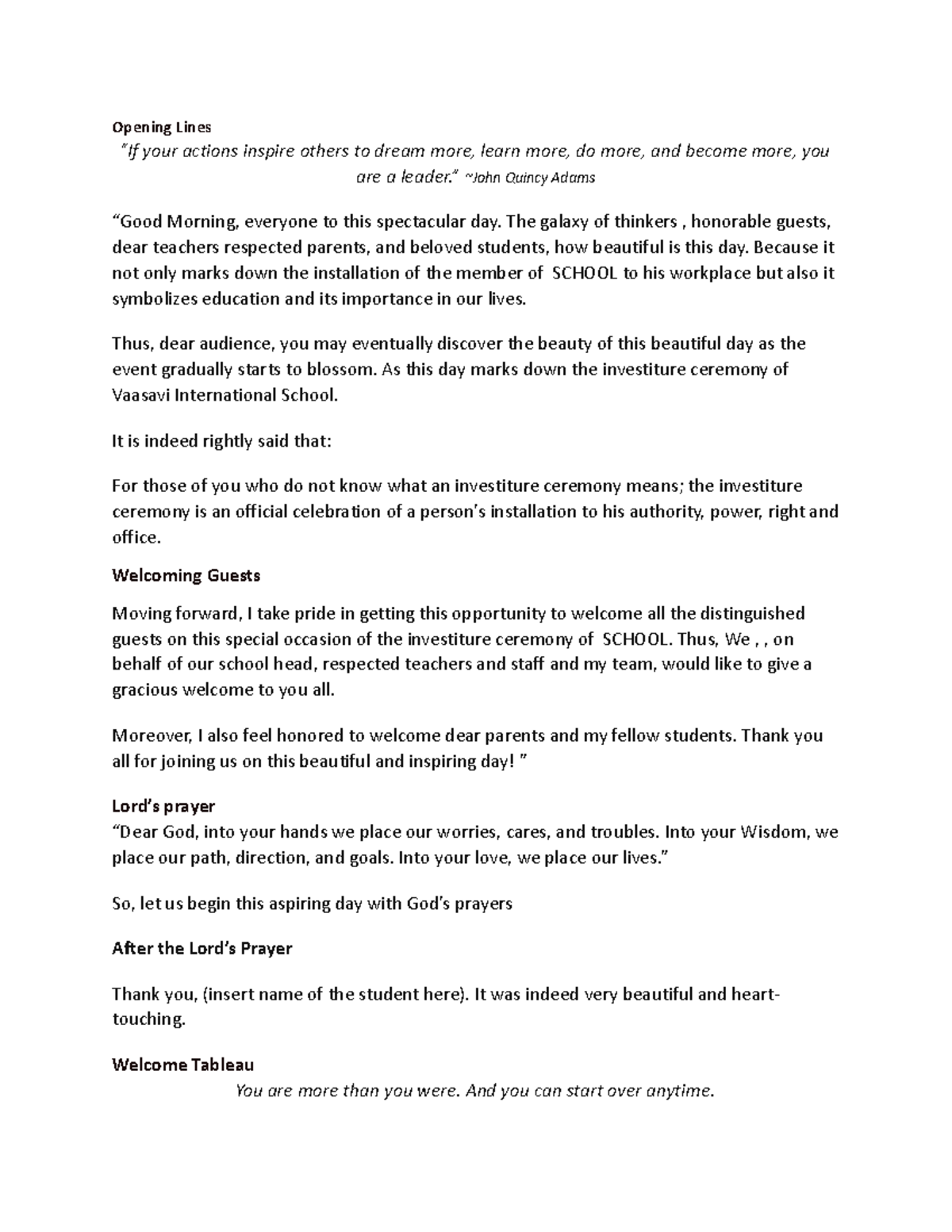Document - Opening Lines “If your actions inspire others to dream more ...