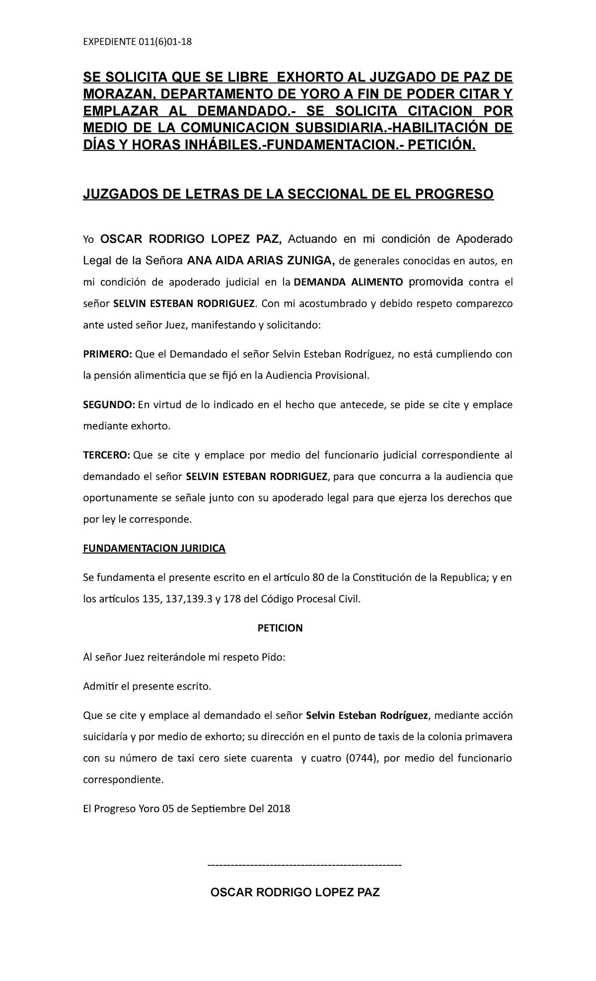 Solicitud DE Exhorto - Resumen - EXPEDIENTE 011(6)01- SE SOLICITA QUE SE  LIBRE EXHORTO AL JUZGADO DE - Studocu