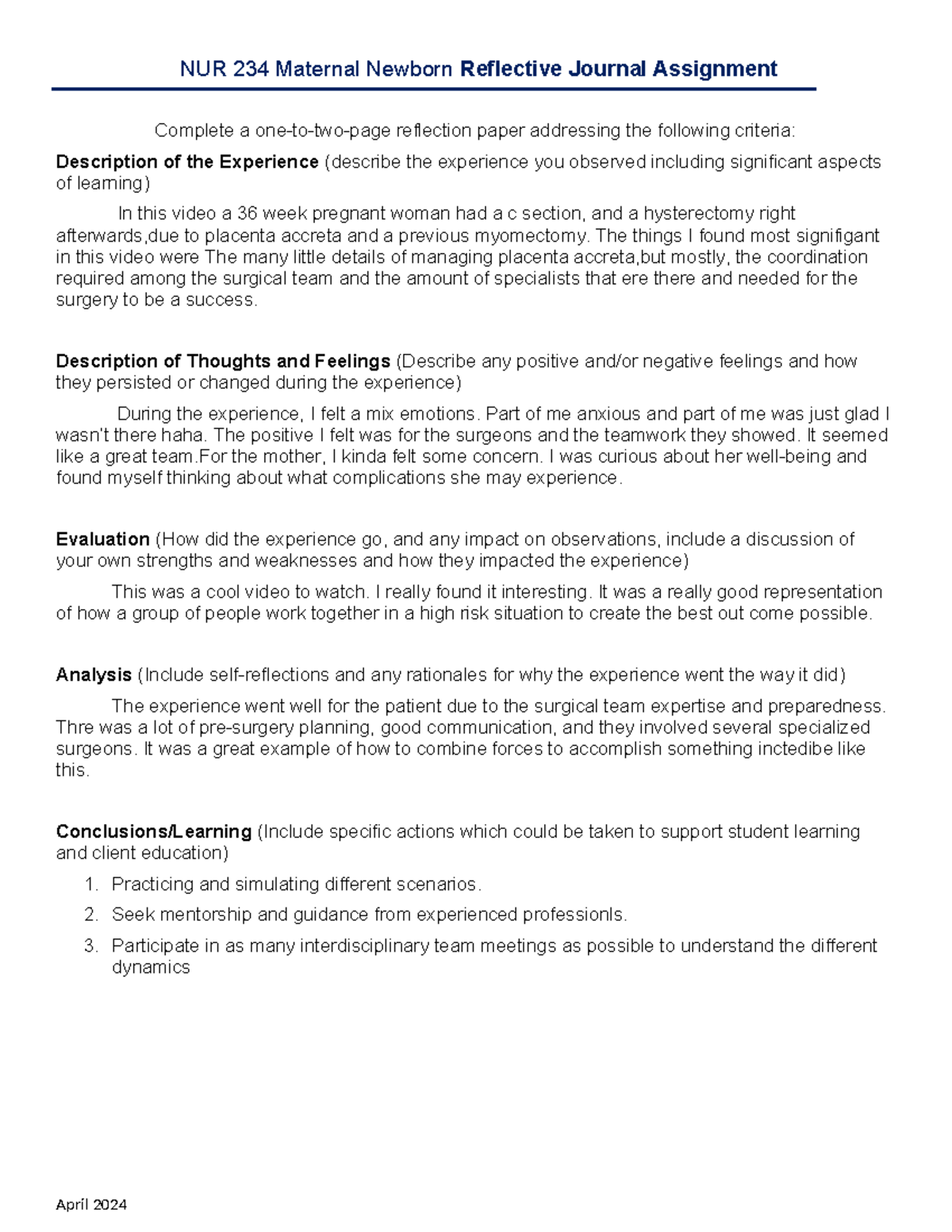 Reflection Assignment Template - NUR 234 Maternal Newborn Reflective ...
