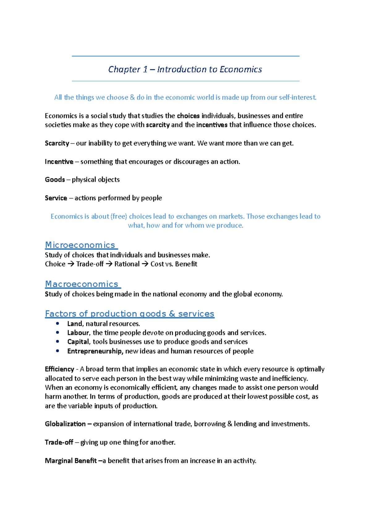 Summary Introduction to Economics - Chapter 1 – Introduction to ...