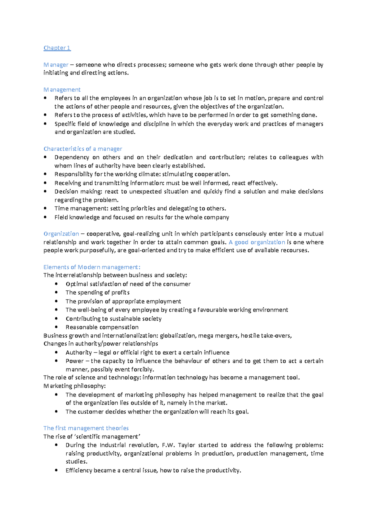 Summary Management - Chapter 1 Manager – someone who directs processes ...