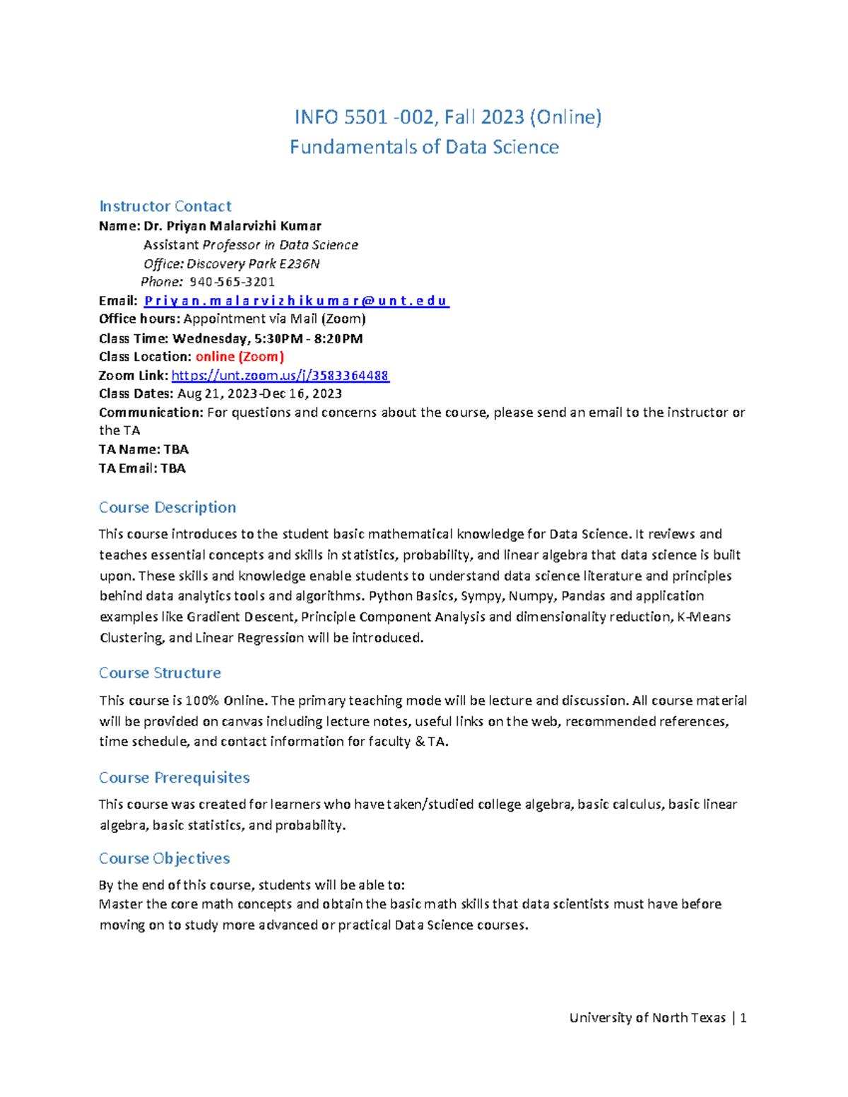 Syllabus - INFO 5501 ‐002, Fall 2023 (Online) Fundamentals of Data ...