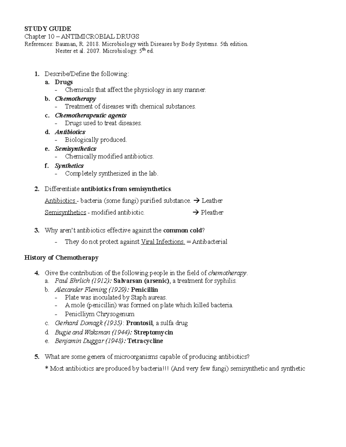 Micro chapter 10 review - STUDY GUIDE Chapter 10 – ANTIMICROBIAL DRUGS ...