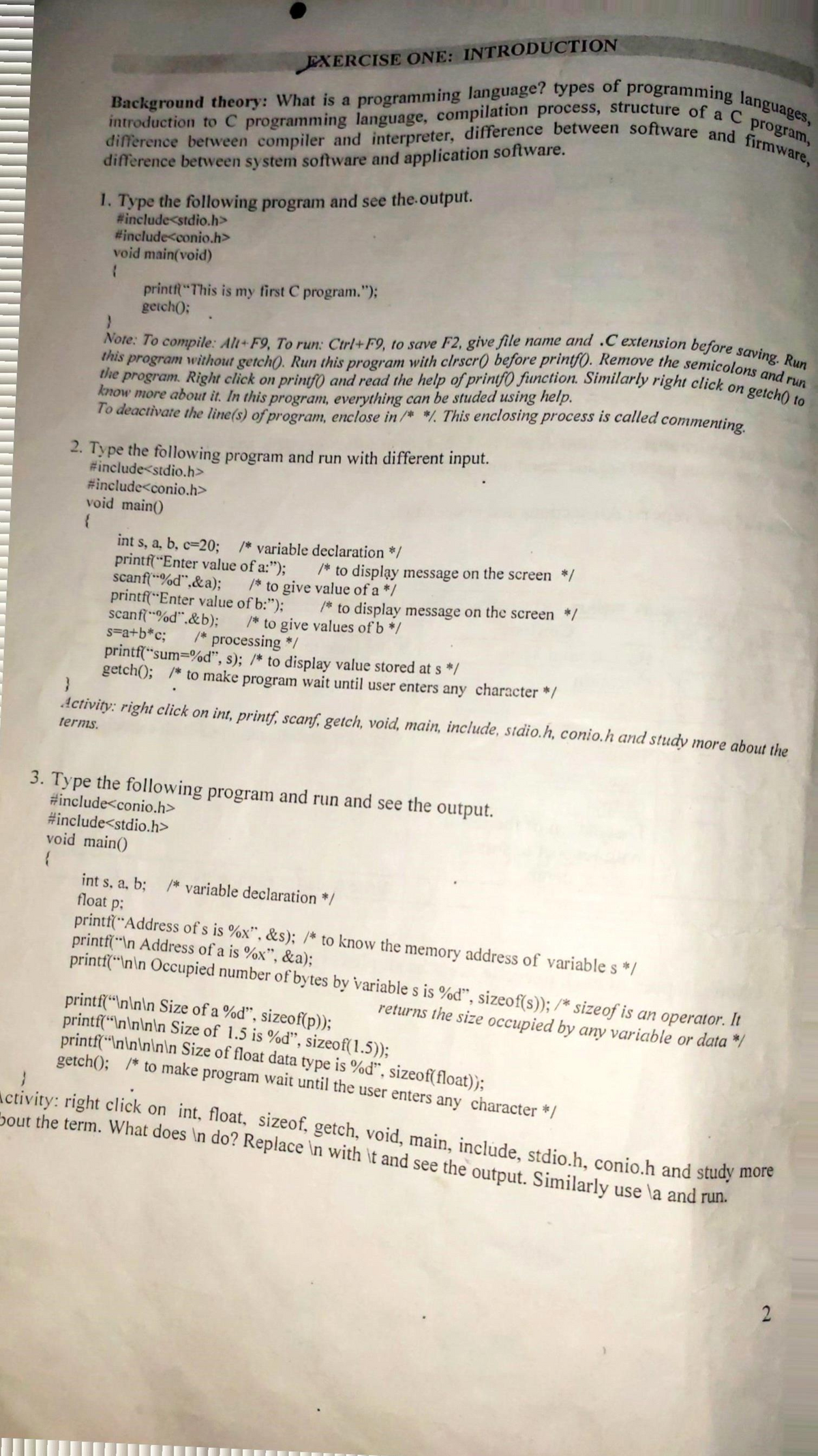 A Lab Manual On C Programming Warning Tt Undefined Function 32 Warning Tt Undefined Function 32 Pxercise One Introduction Background Theory What Is Programming Studocu