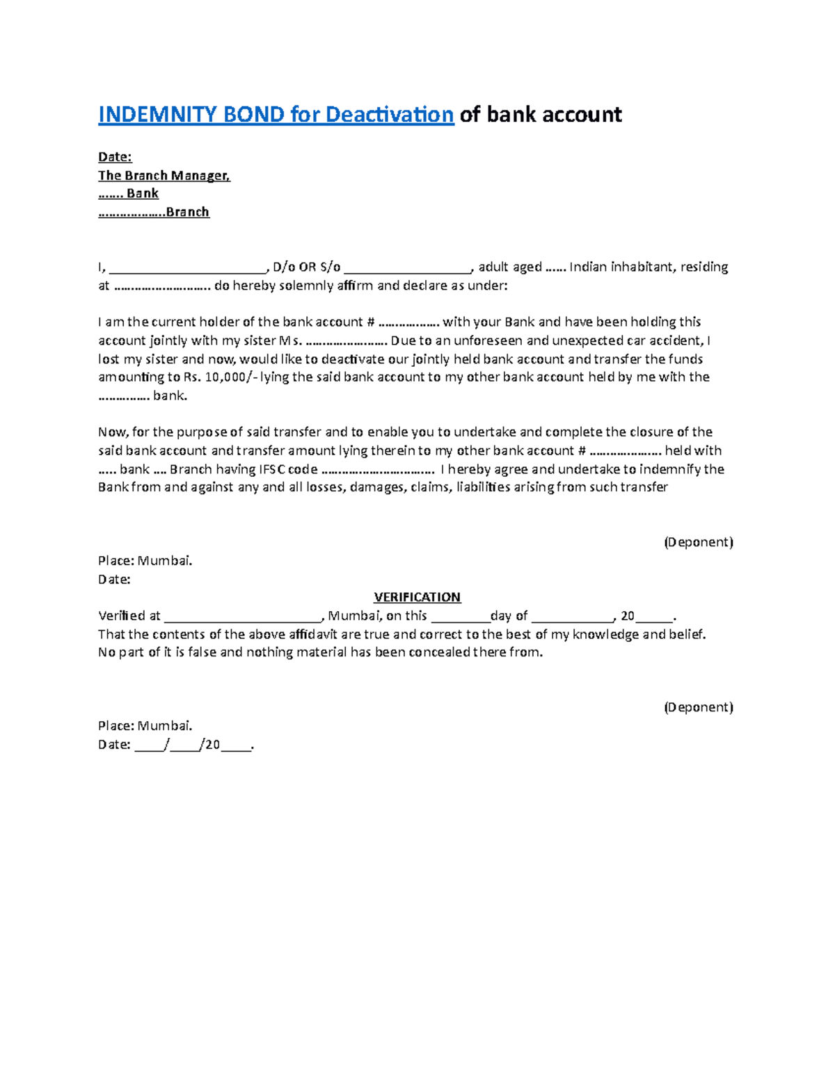 Indemnity BOND - INDEMNITY BOND for Deactivation of bank account Date ...