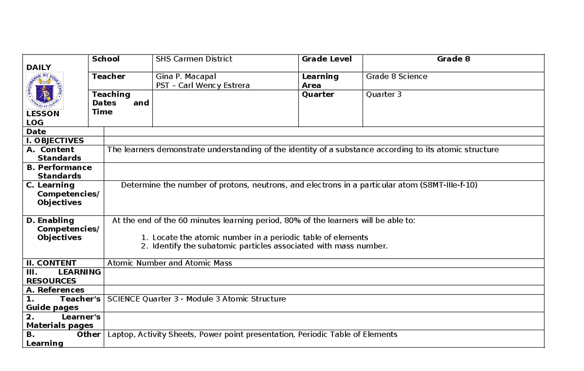 Atomic Number - DAILY LESSON LOG School SHS Carmen District Grade Level ...