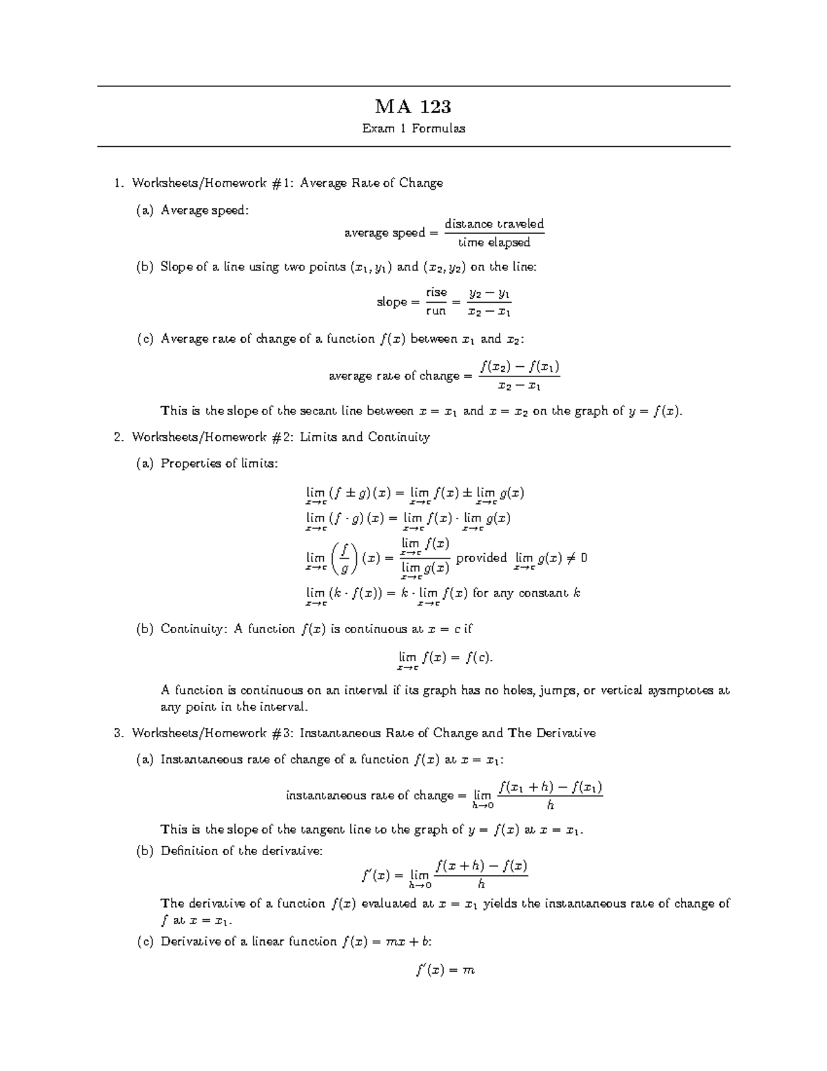 Exam 1 Formulas - MA 123 Exam 1 Formulas Worksheets/Homework #1 ...