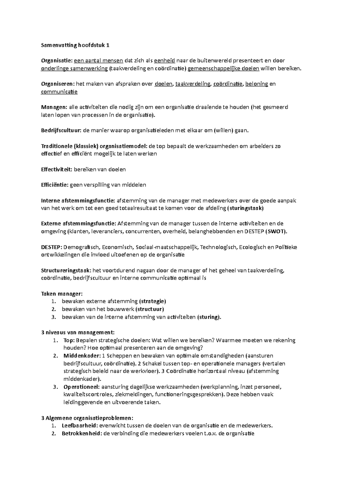 Samenvatting Management En Organiseren Samenvatting Hoofdstuk 1