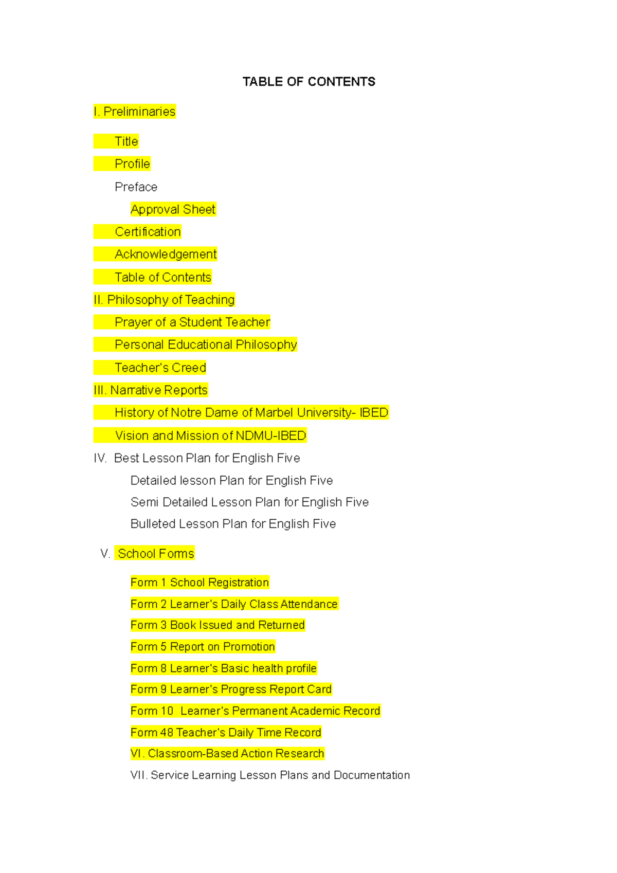 Table OF Contents sample - TABLE OF CONTENTS I. Preliminaries Title ...