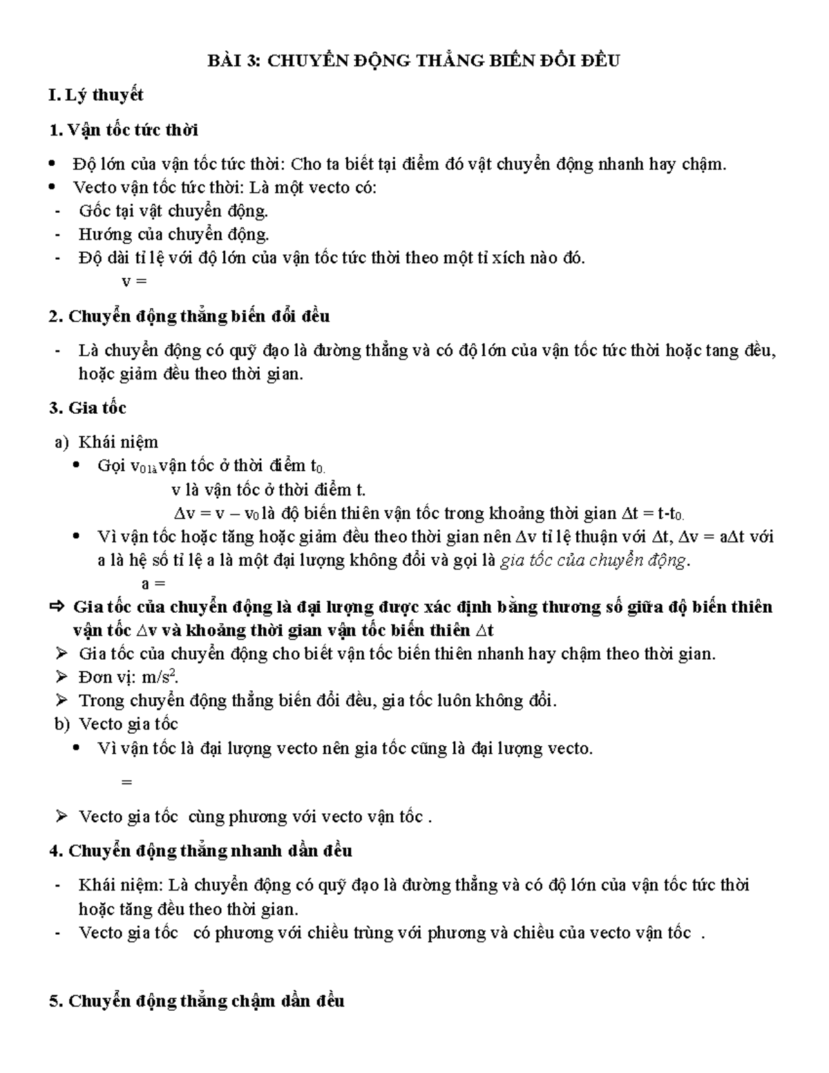 Bài 3 lý thuyết - bài 3 - BÀI 3: CHUYỂN ĐỘNG THẲNG BIẾN ĐỔI ĐỀU I. Lý ...
