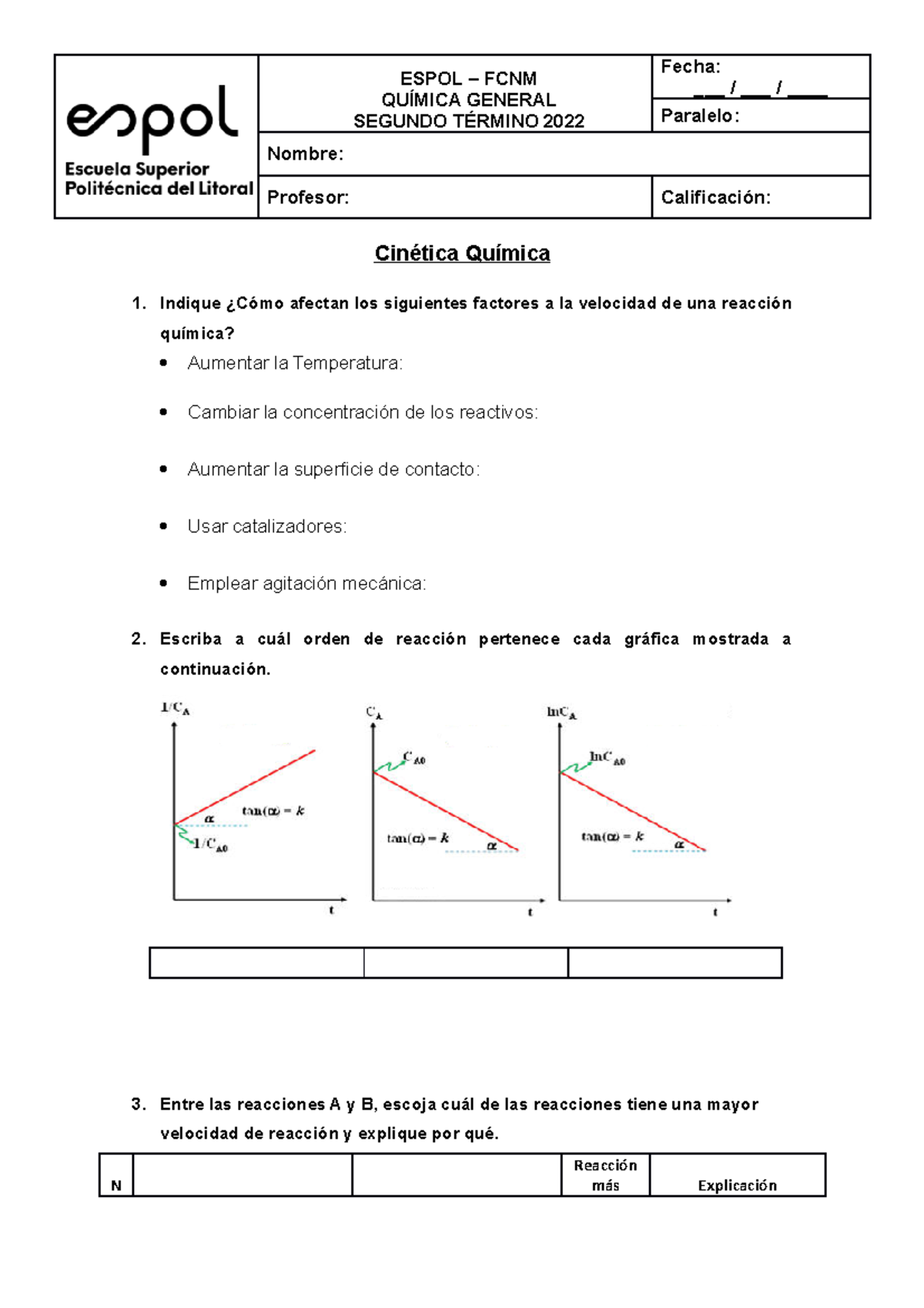 Tarea Cinetica - Apuntes De Quimica - ESPOL – FCNM QUÍMICA GENERAL ...