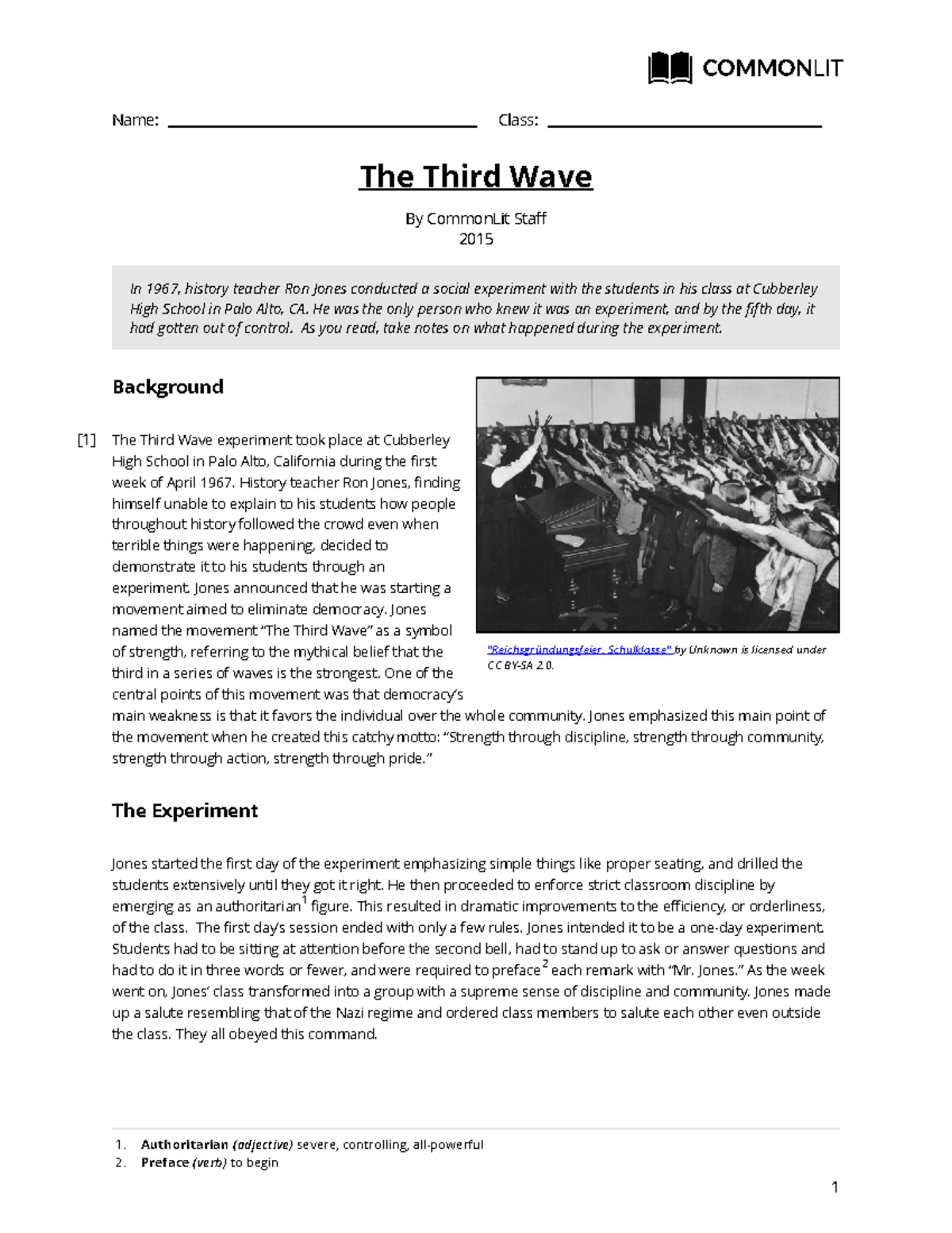 Lesson Plan The Story Of The Third Wave The Third Wave-teacher - Name: Class: "Reichsgründungsfeier