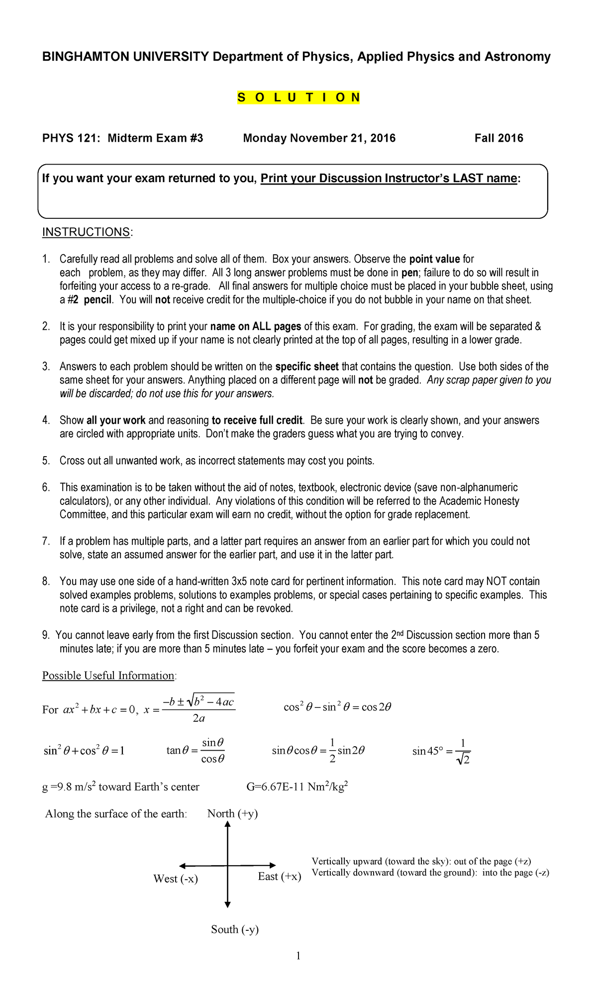 Exam 3 Solution - real past exam - BINGHAMTON UNIVERSITY Department of ...