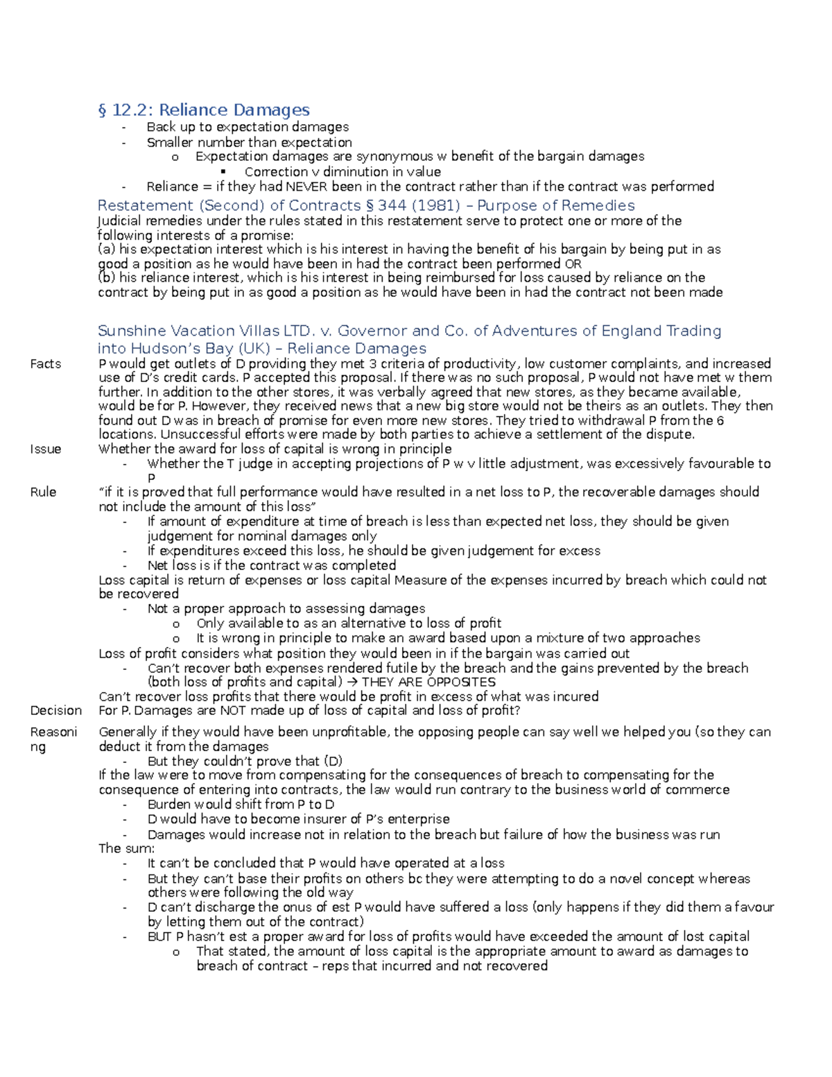 Reliance damages Summary of Concept § 12 Reliance Damages Back up