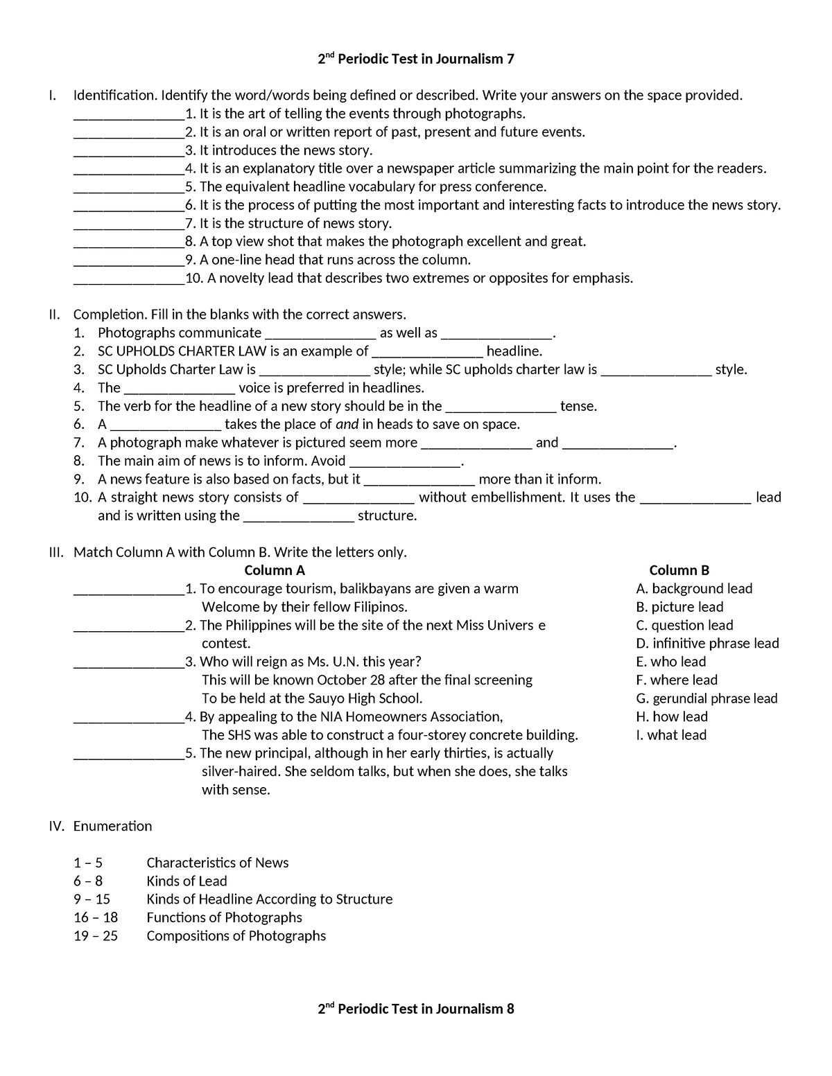 2nd Periodic Test in Journalism 7 - Identification. Identify the word ...