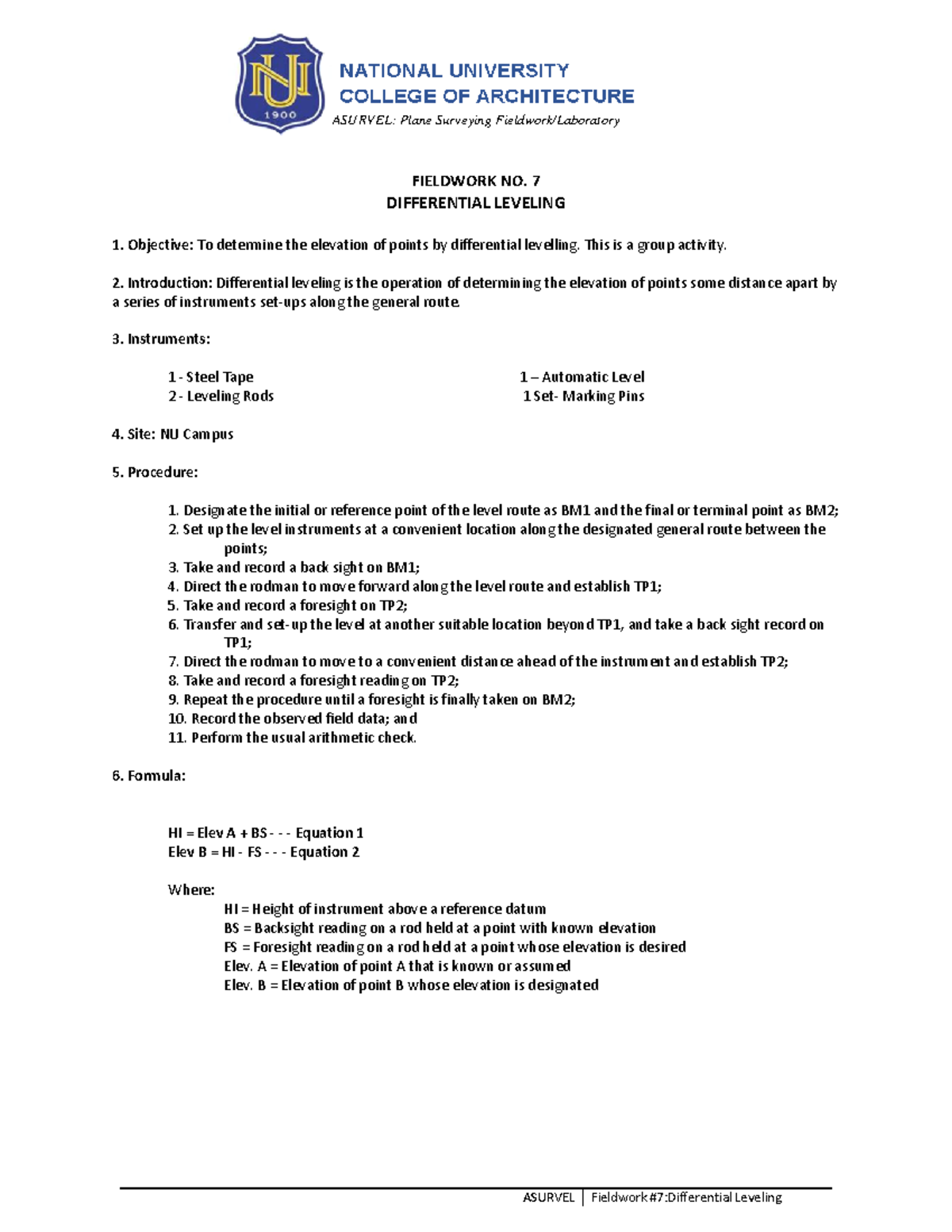 7 Differential Leveling Group 1 Pre Lab Data FIELDWORK NO. 7