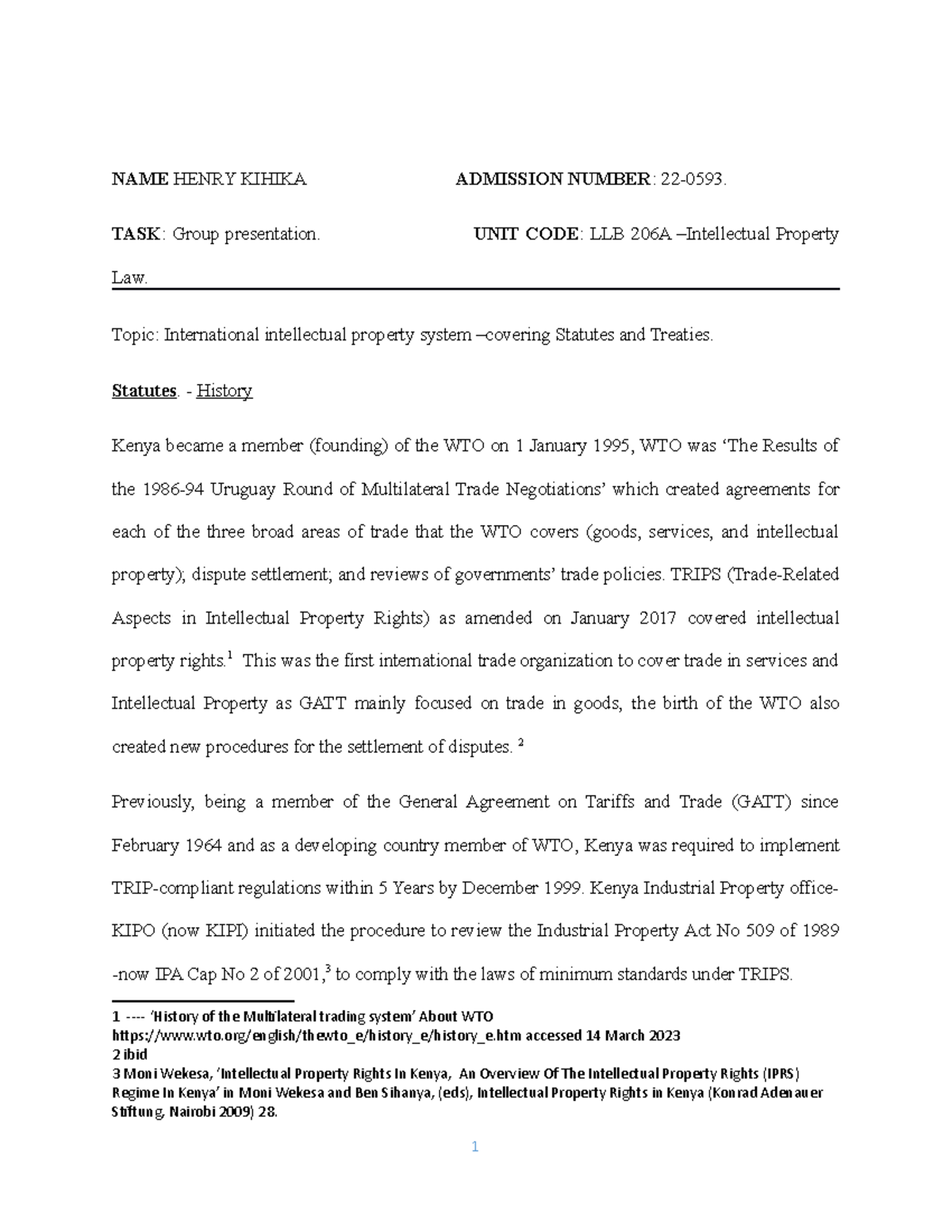 Statutes and Treaties in IP-Hkihika - NAME HENRY KIHIKA ADMISSION ...